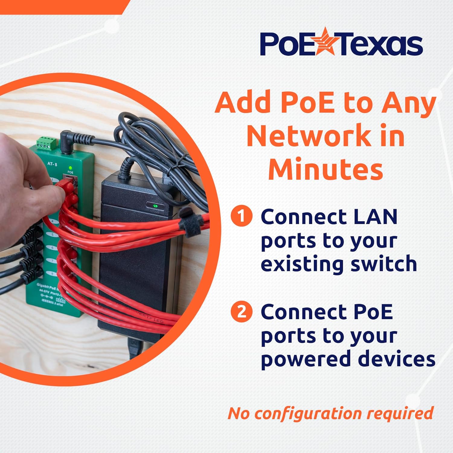 PoE Texas Injector 8 Port Active Gigabit Mode A PoE Injector with 56 Volt 120 Watt Power Supply