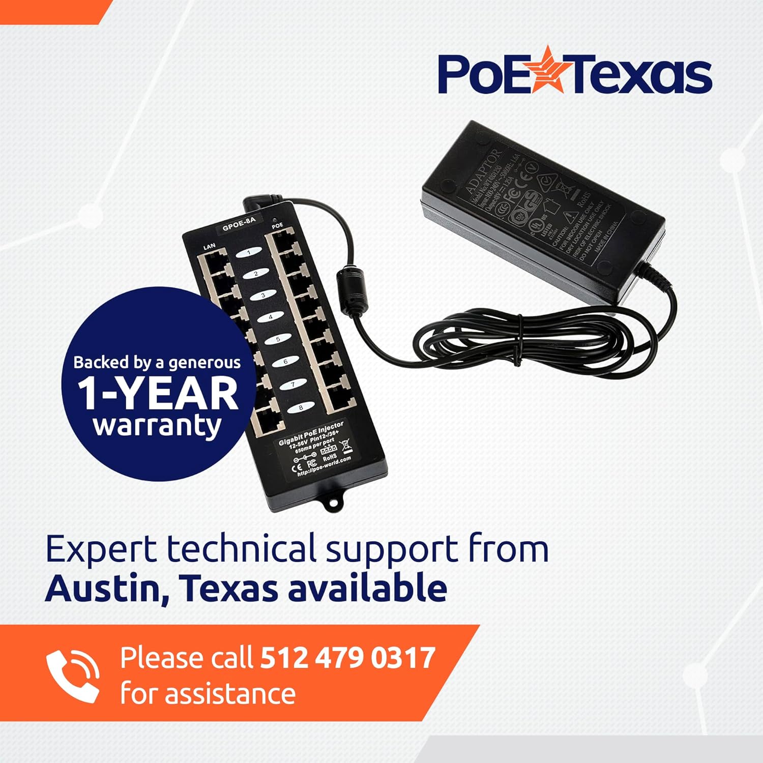 PoE Texas Injector 8 Port Gigabit, Mode A PoE Injector with 48 Volt 60 Watt Power Supply