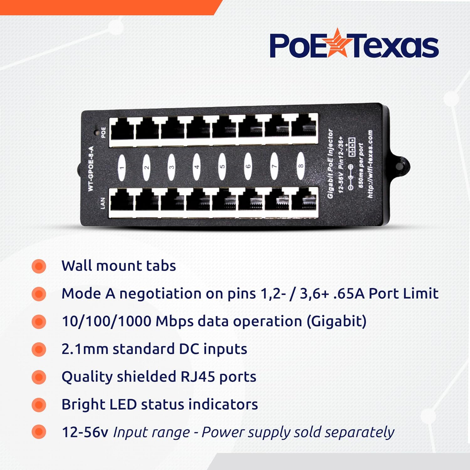 PoE Texas Injector 8-Port Gigabit, Mode A PoE Injector without Power Supply