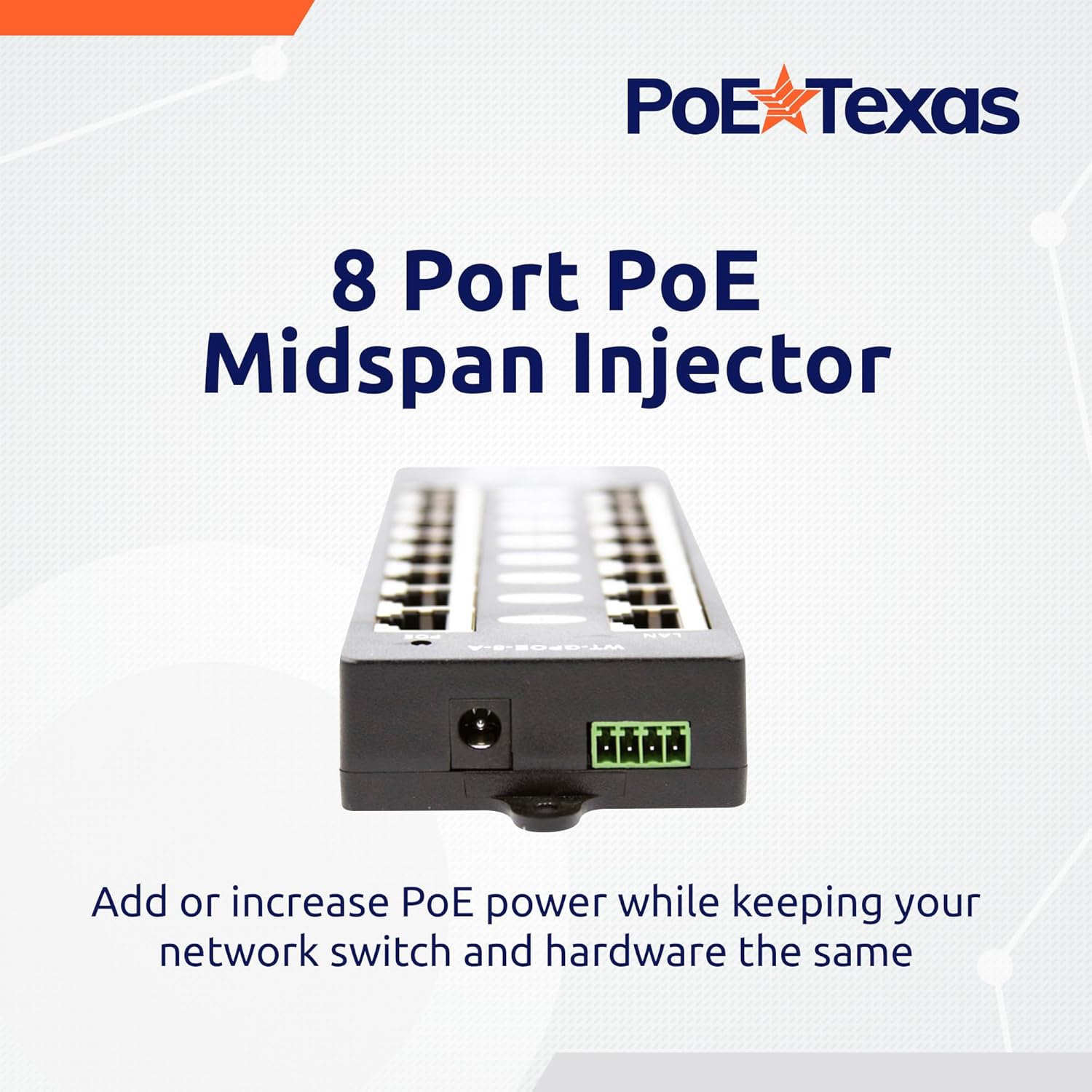 PoE Texas Injector 8-Port Gigabit, Mode A PoE Injector without Power Supply
