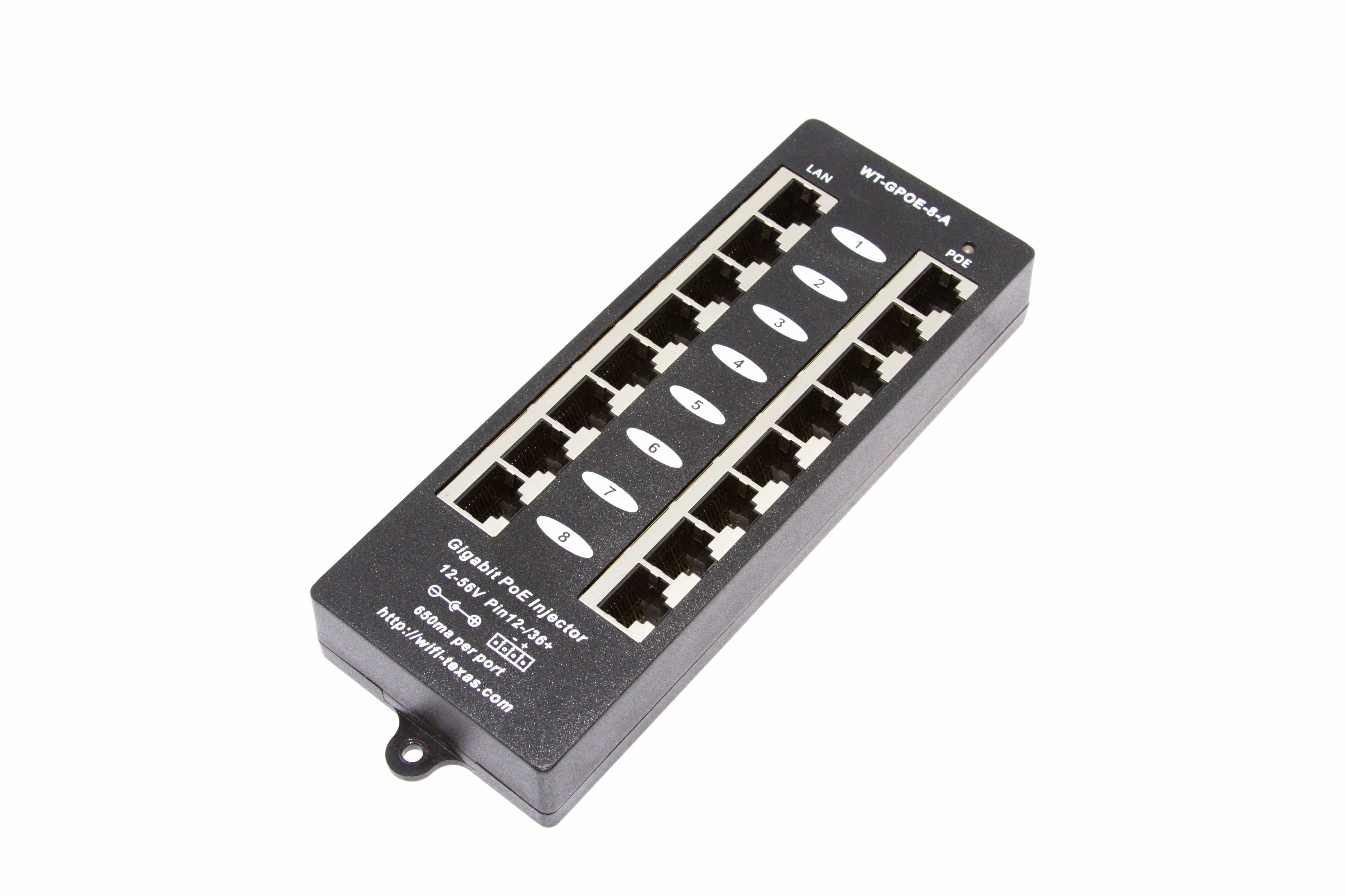 PoE Texas Injector 8-Port Gigabit, Mode A PoE Injector without Power Supply