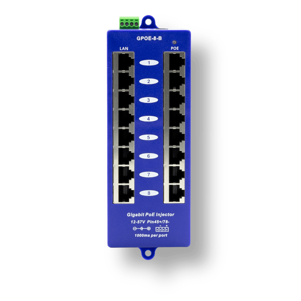 PoE Texas Injector 8-Port Gigabit Mode B PoE Injector with 24 Volt 60 Watt Power Supply