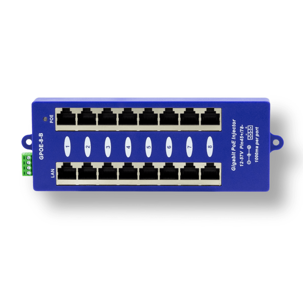 PoE Texas Injector 8-Port Gigabit Mode B PoE Injector with 24 Volt 60 Watt Power Supply