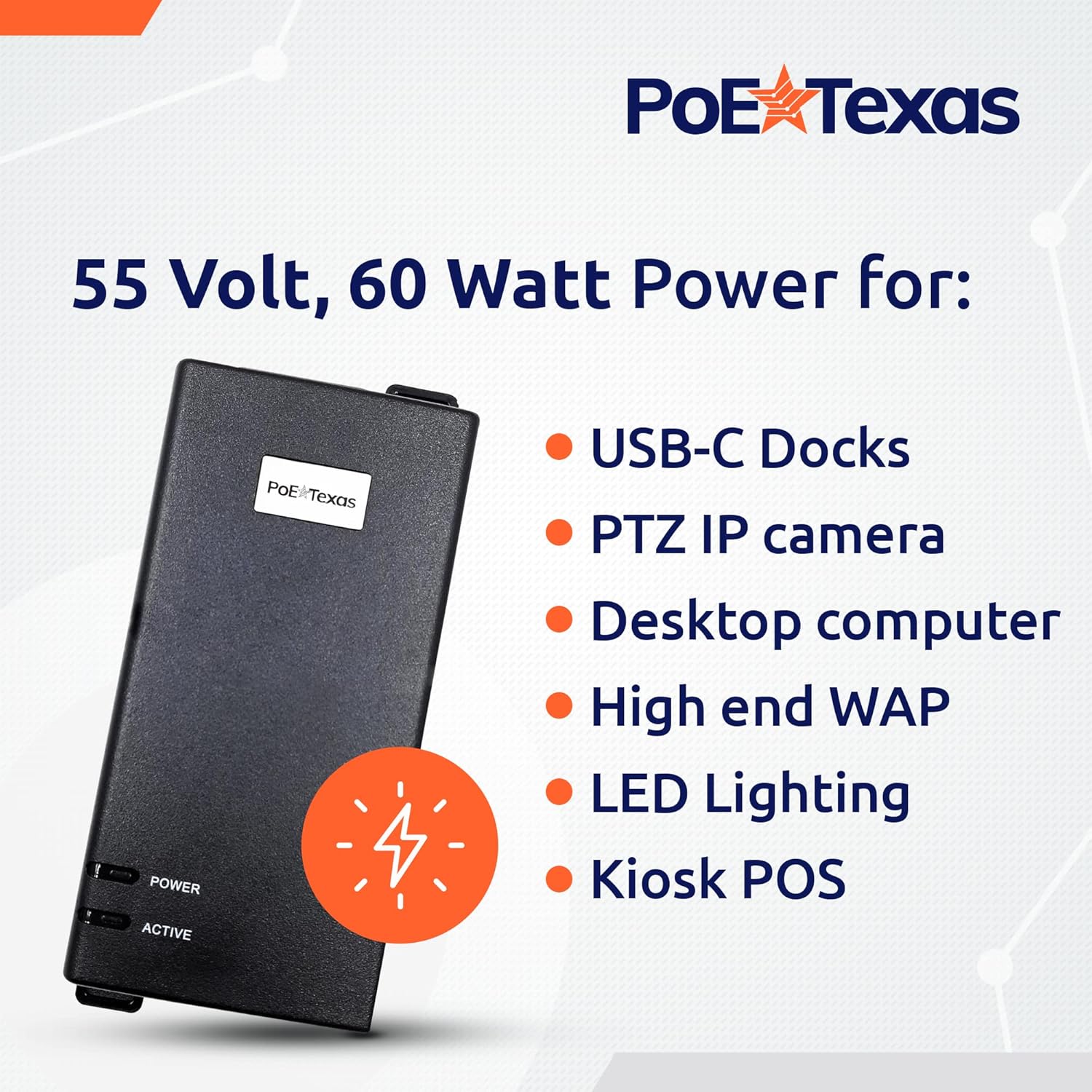 PoE Texas Injector Gigabit PoE++ (802.3bt) Dual Signature Injector with 55 Volt 60 Watt Output for Indoor without Surge Protection