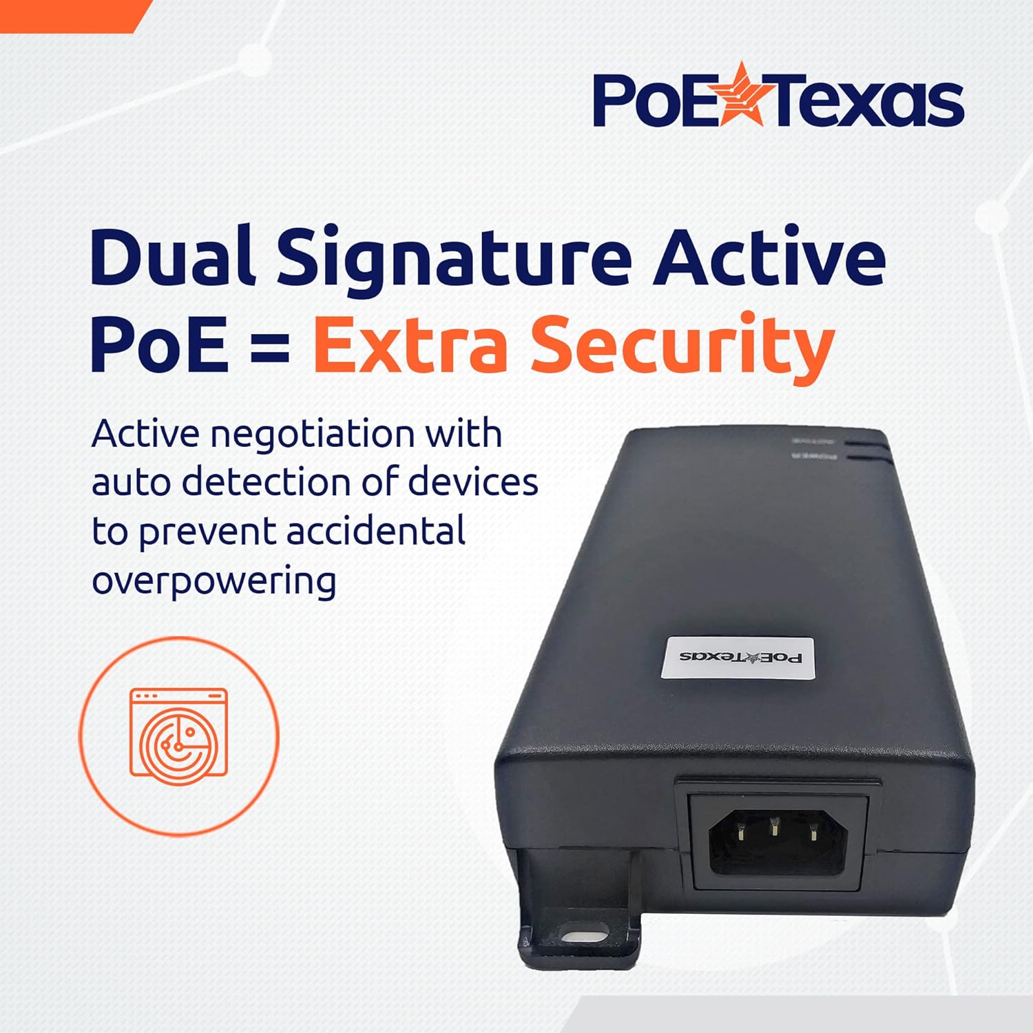 PoE Texas Injector Gigabit PoE++ (802.3bt) Dual Signature Injector with 55 Volt 60 Watt Output for Indoor without Surge Protection