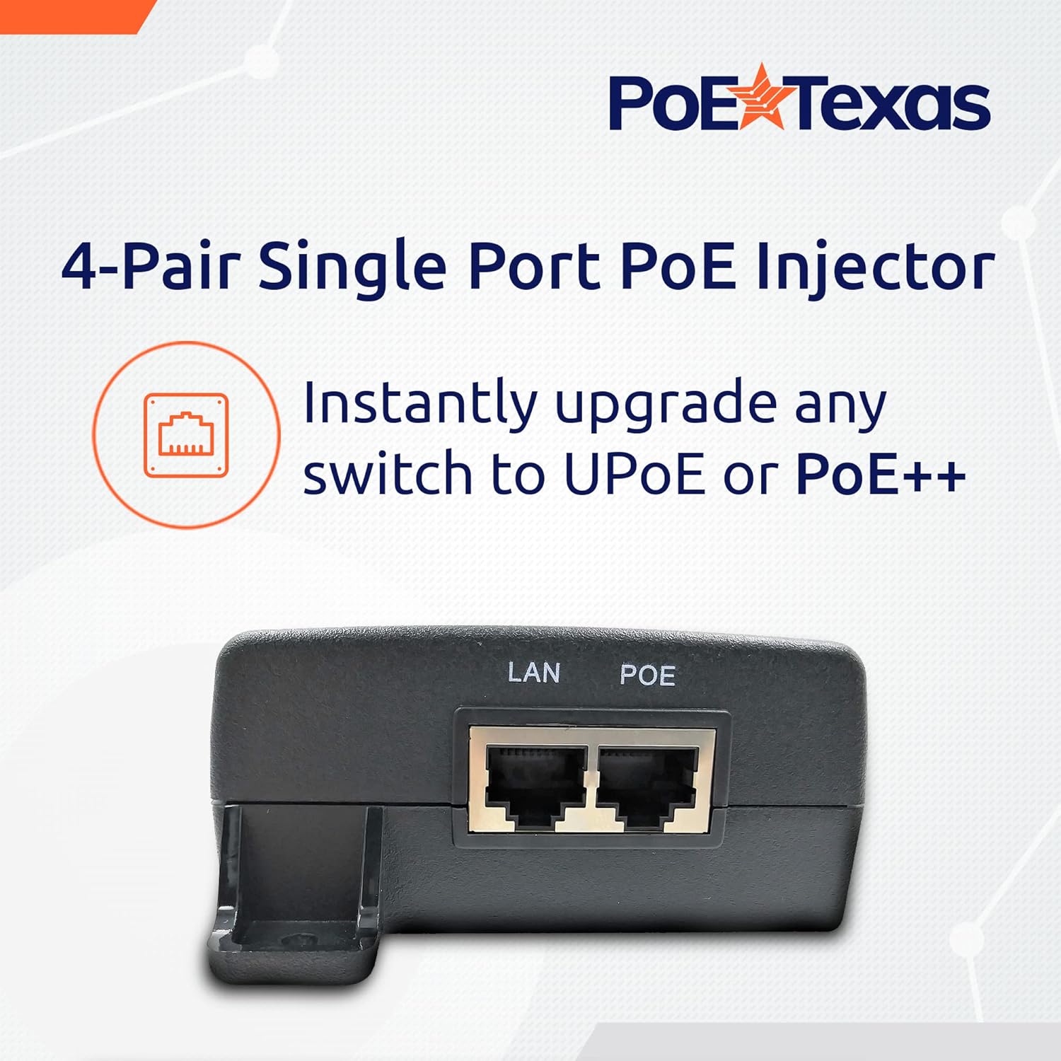 PoE Texas Injector Gigabit PoE++ (802.3bt) Dual Signature Injector with 55 Volt 60 Watt Output for Indoor without Surge Protection