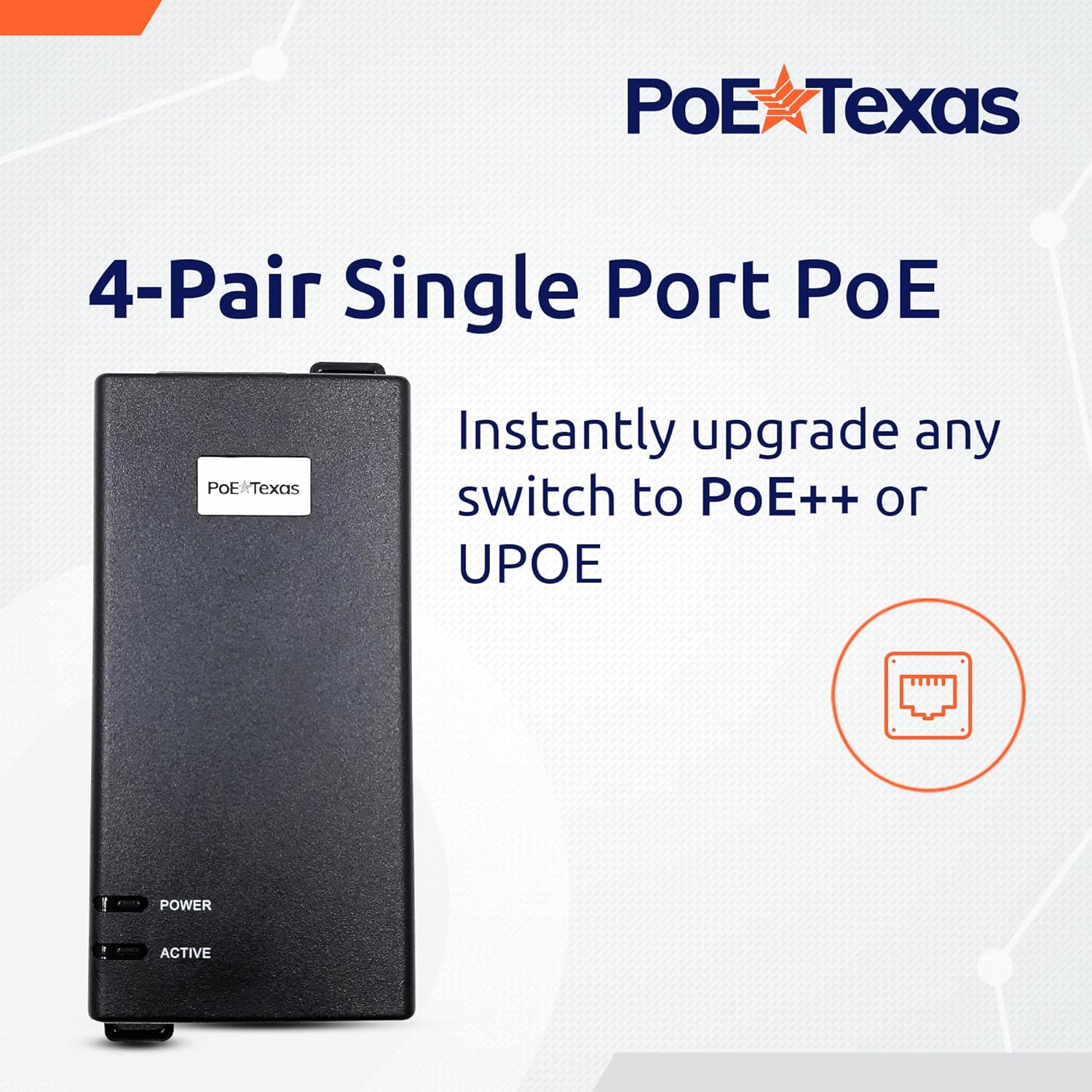 PoE Texas Injector Gigabit PoE++ (802.3bt) Dual Signature Injector with 55 Volt 60 Watt Output with Surge Protection