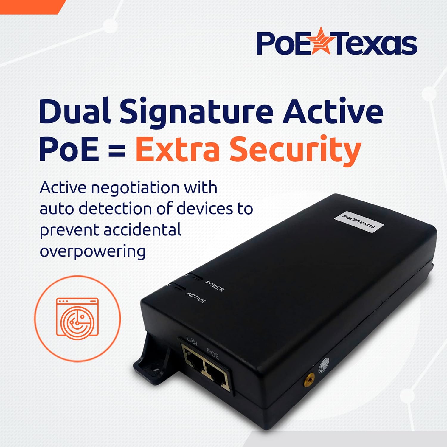 PoE Texas Injector Gigabit PoE++ (802.3bt) Dual Signature Injector with 55 Volt 60 Watt Output with Surge Protection