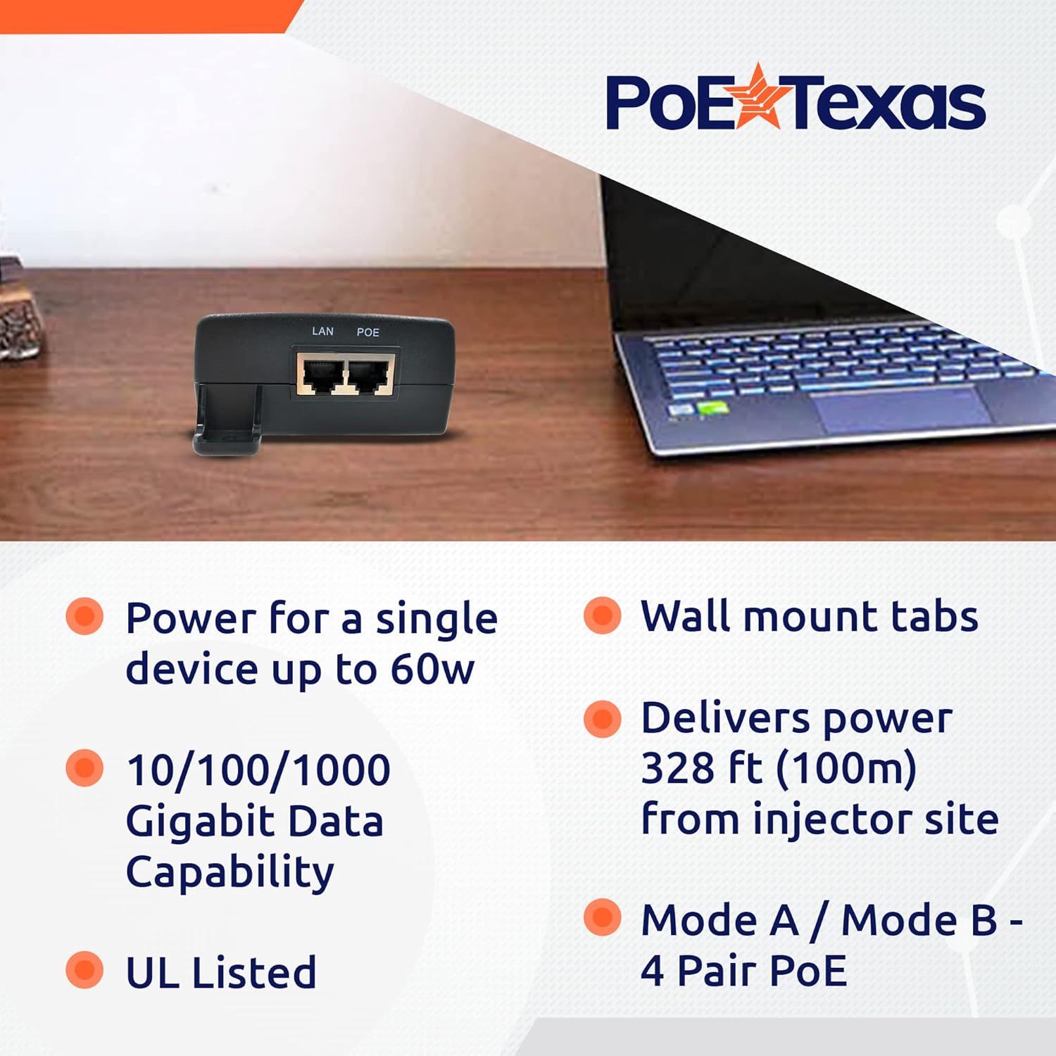 PoE Texas Injector Gigabit PoE++ (802.3bt) Dual Signature Injector with 55 Volt 60 Watt Output with Surge Protection