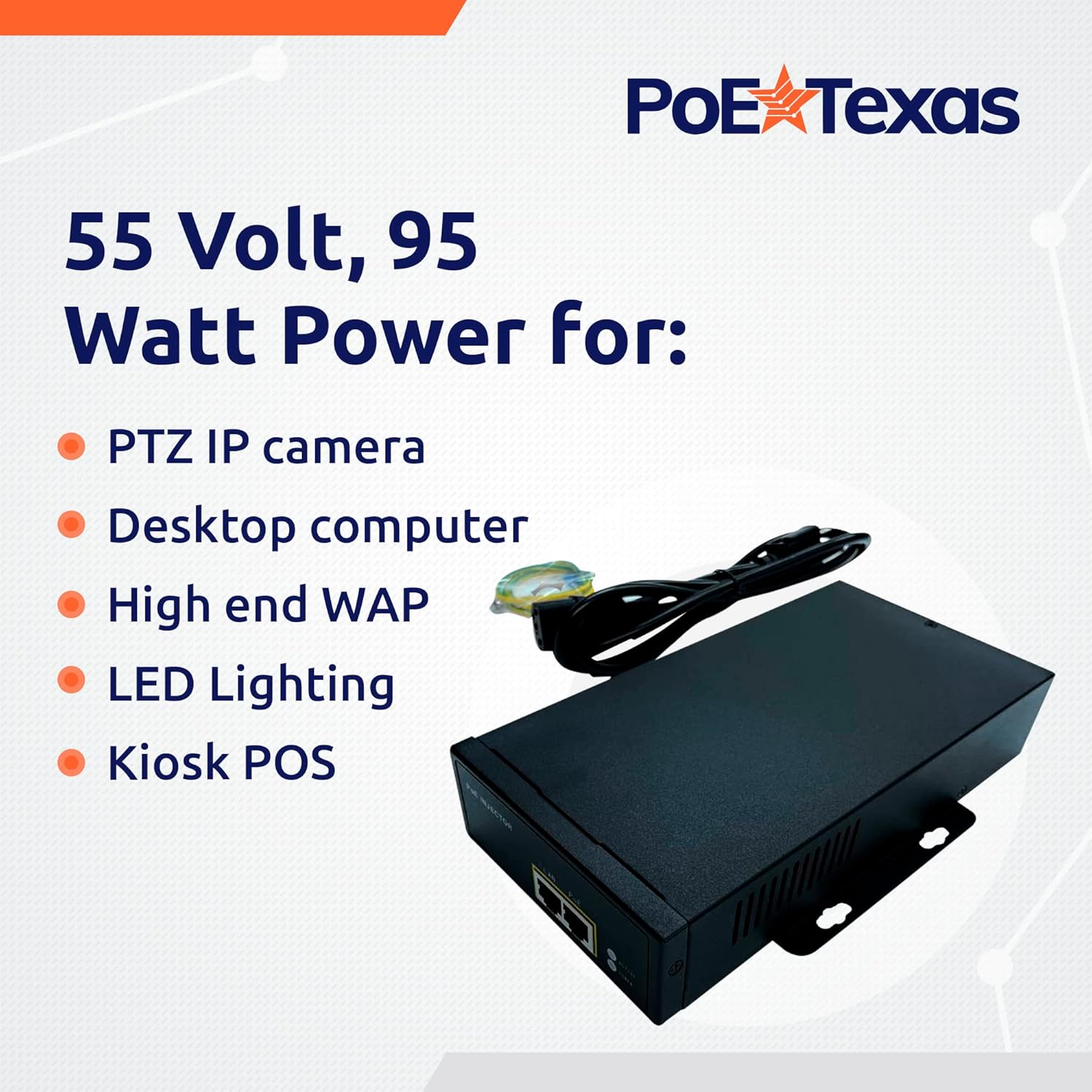 PoE Texas Injector Gigabit PoE++ (802.3bt) Injector with 55 Volt 95 Watt Output with Surge Protection