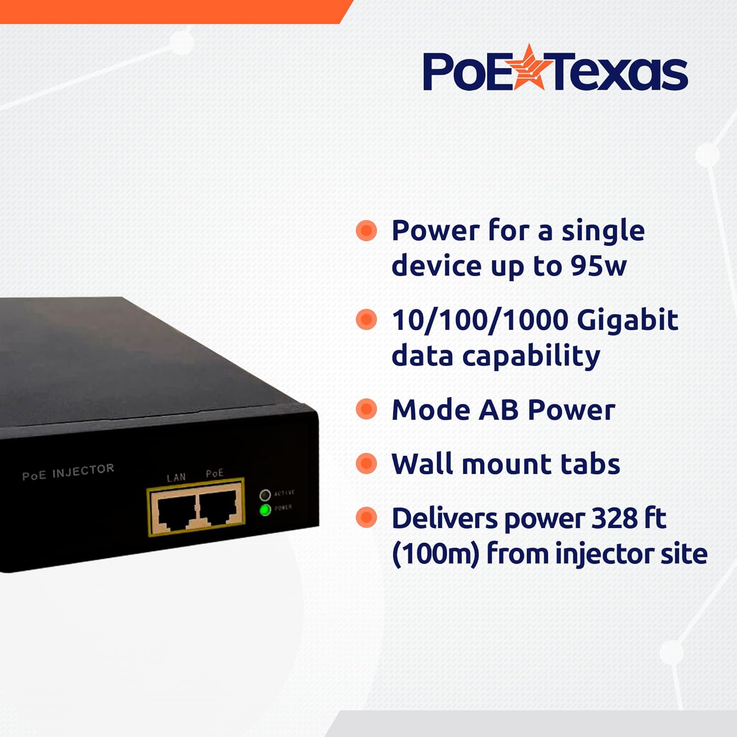 PoE Texas Injector Gigabit PoE++ (802.3bt) Injector with 55 Volt 95 Watt Output with Surge Protection