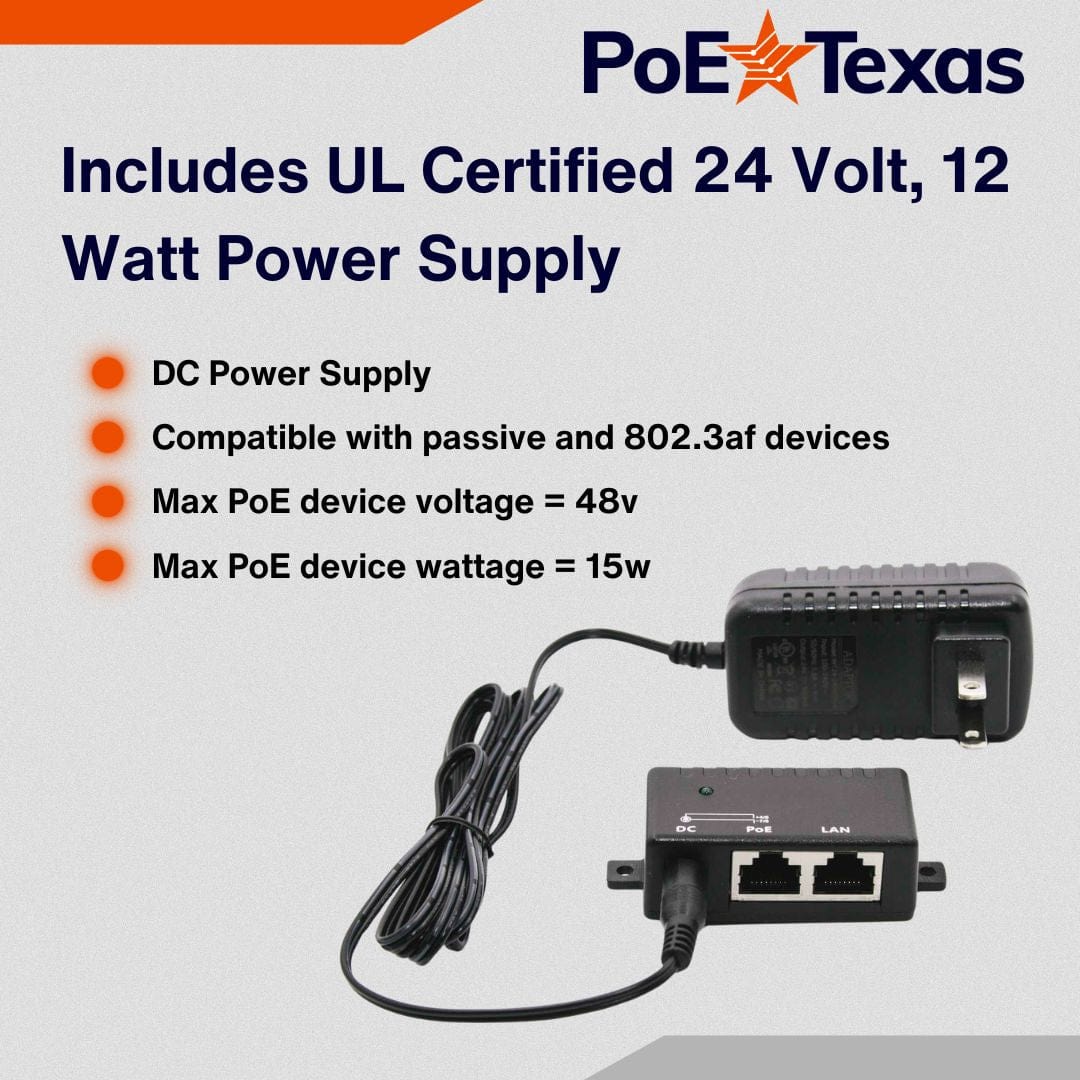 PoE Texas Injector Single Port 10/100 Mbps Mode B Injector with 48 Volt 15 Watt Power Supply