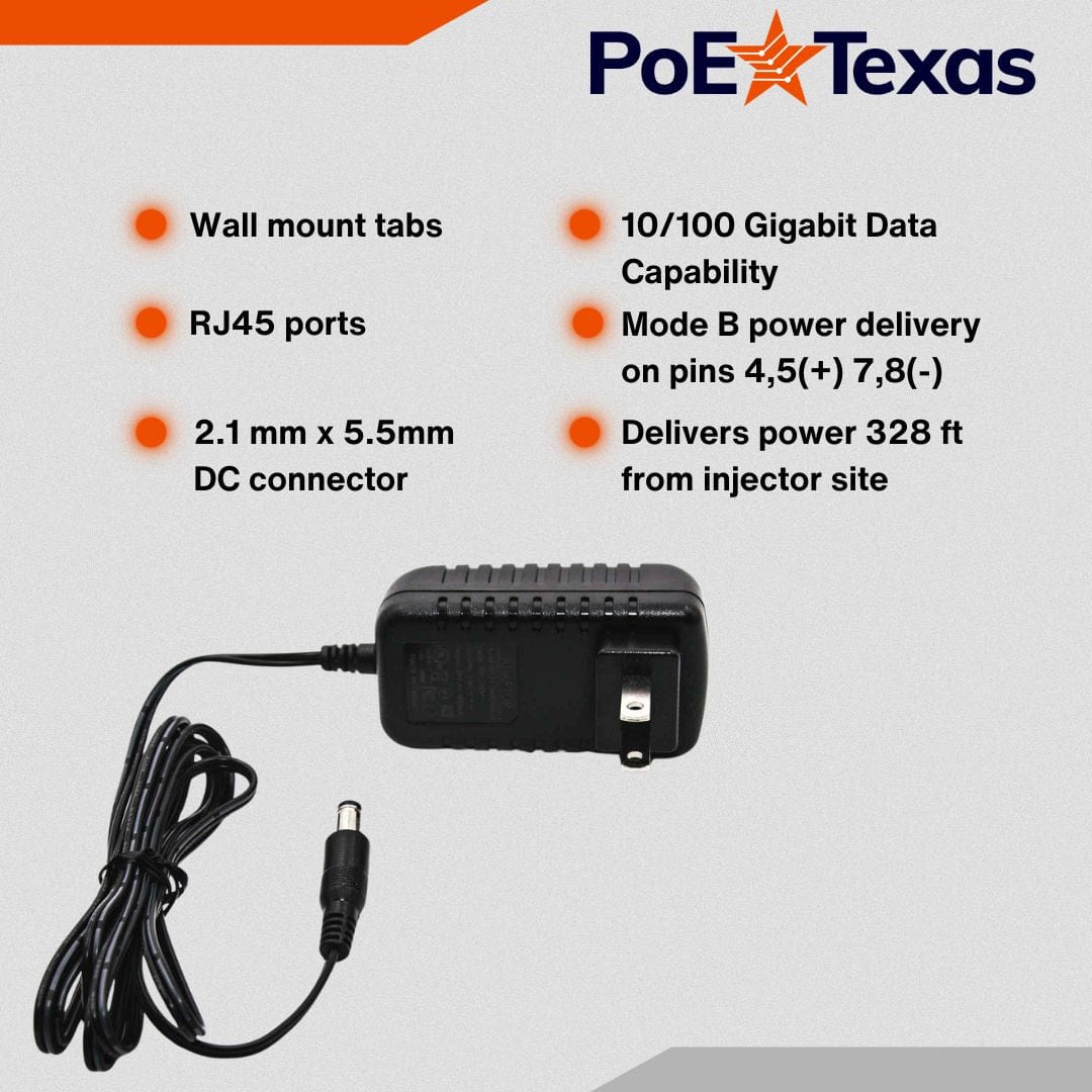 PoE Texas Injector Single Port 10/100 Mbps Mode B Injector with 48 Volt 15 Watt Power Supply
