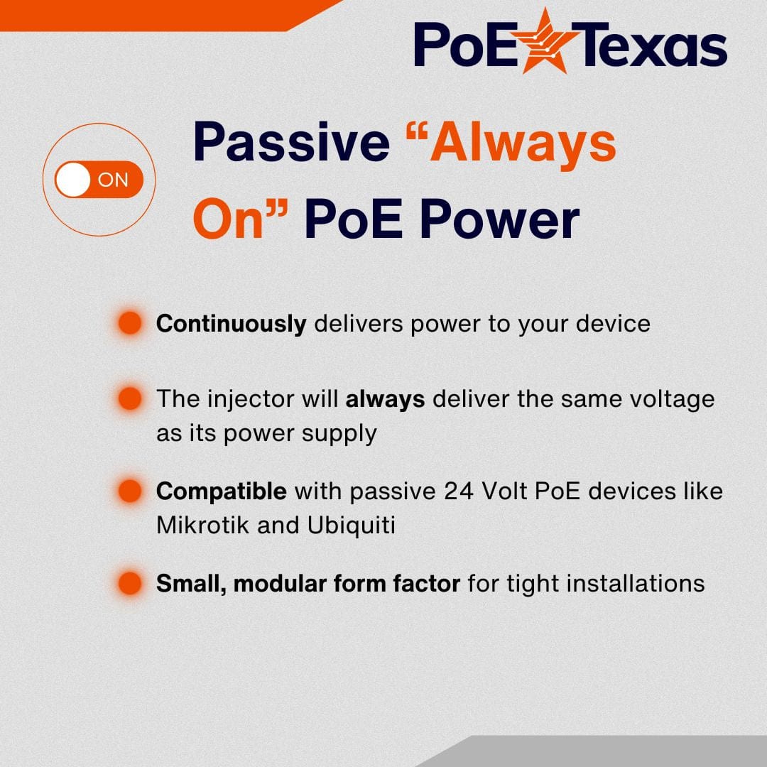 PoE Texas Injector Single Port 10/100 Mbps Mode B PoE Injector with 24 Volt, .5 Amp, 12 Watt Power Supply