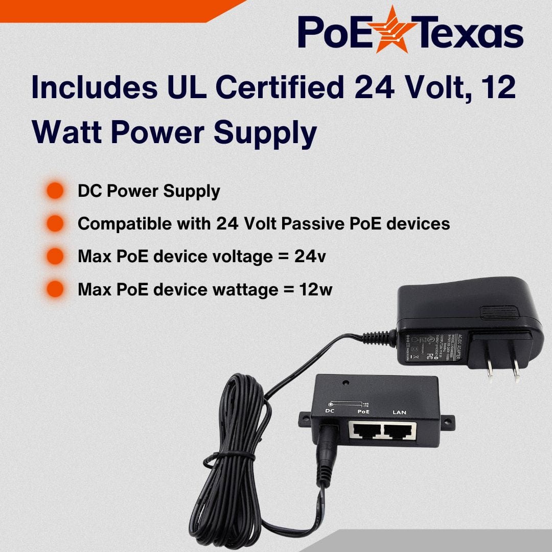 PoE Texas Injector Single Port 10/100 Mbps Mode B PoE Injector with 24 Volt, .5 Amp, 12 Watt Power Supply