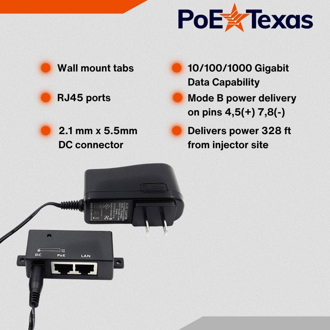 PoE Texas Injector Single Port 10/100 Mbps Mode B PoE Injector with 24 Volt, .5 Amp, 12 Watt Power Supply
