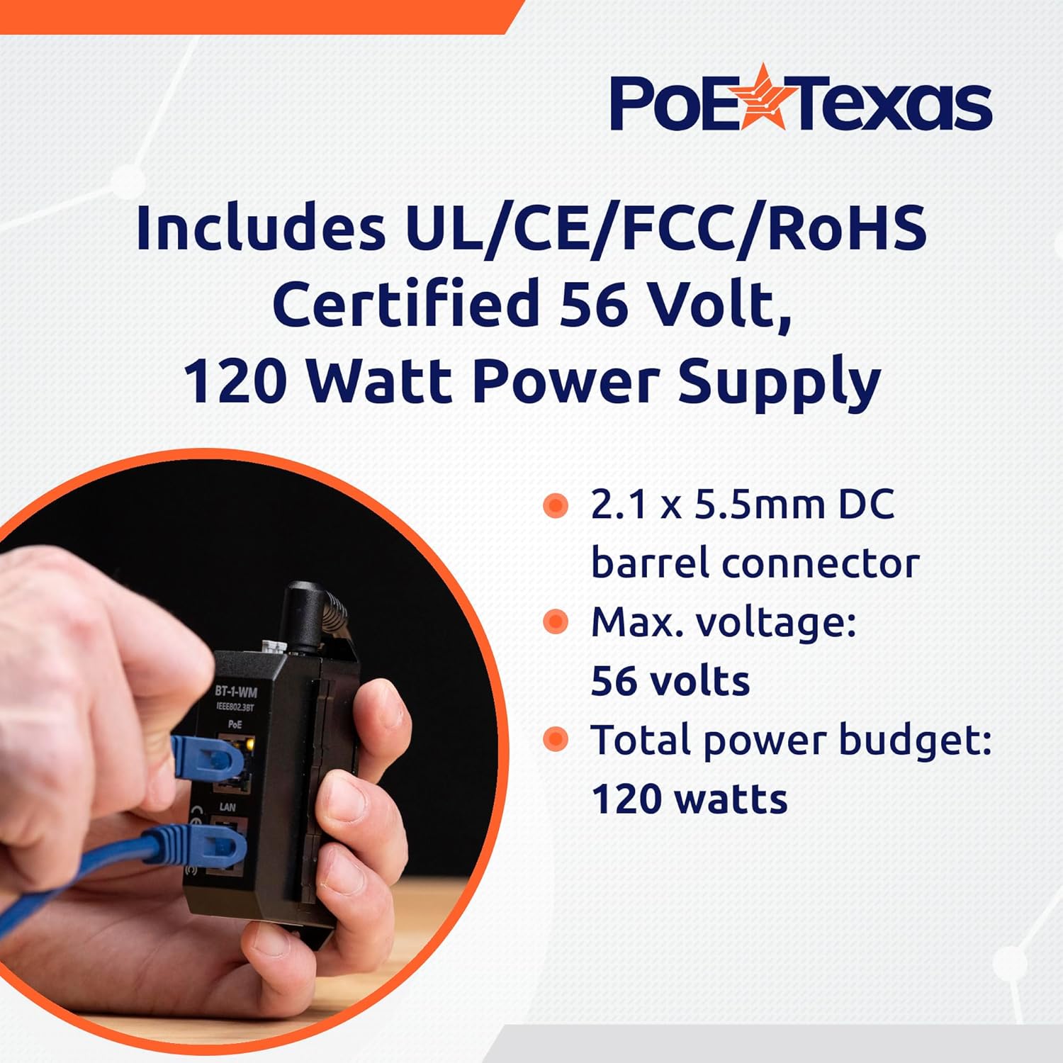 PoE Texas Injector Single Port 2.5 Gigabit PoE++ (802.3bt) Injector with 56 Volt 120 Watt Output with Power Supply