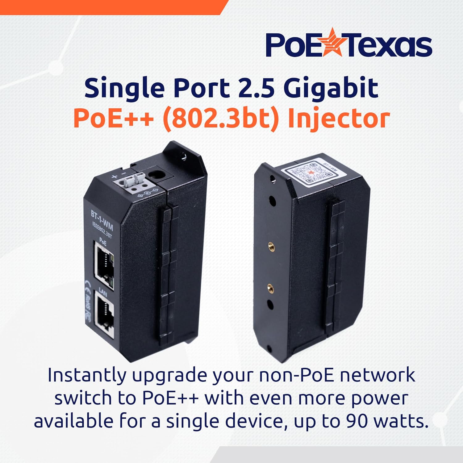 PoE Texas Injector Single Port 2.5 Gigabit PoE++ (802.3bt) Injector with 56 Volt 120 Watt Output with Power Supply