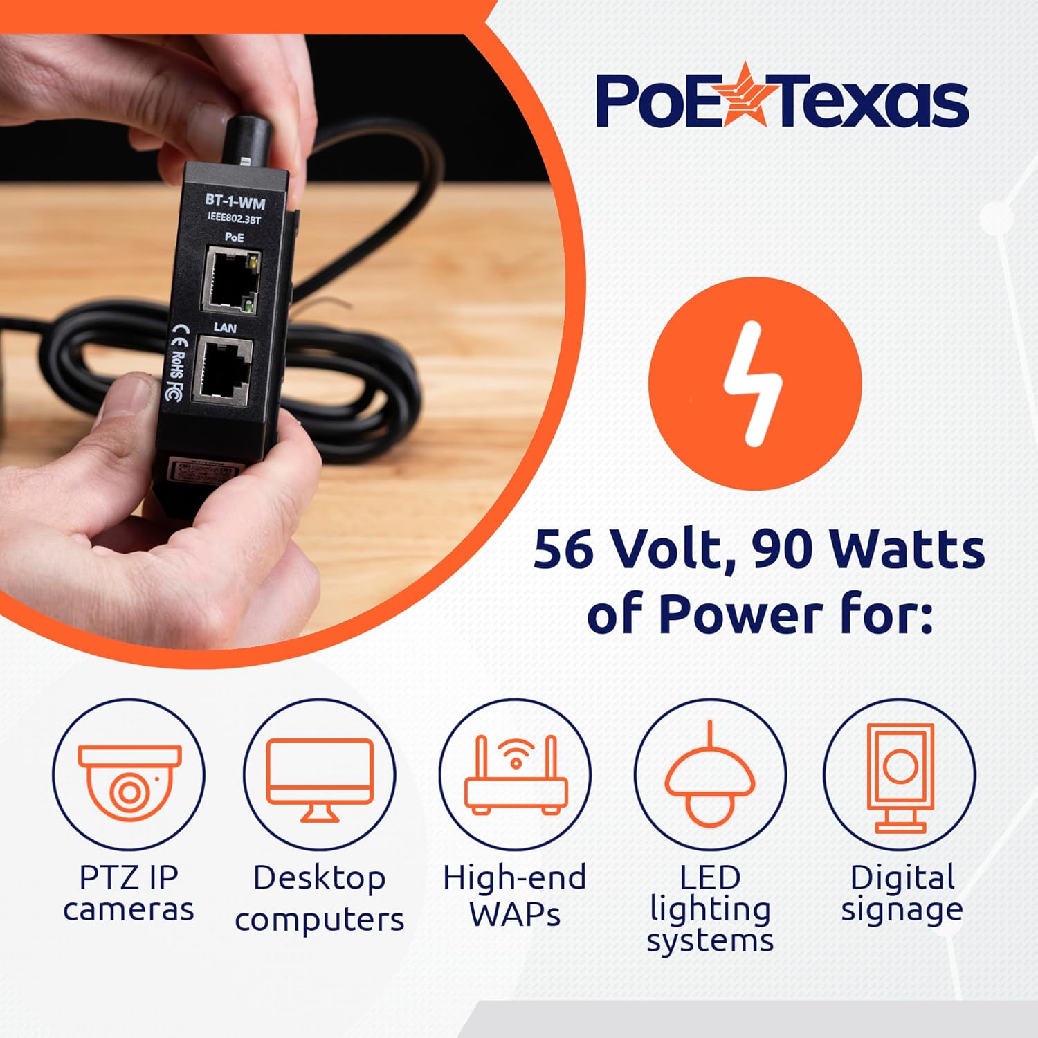 PoE Texas Injector Single Port 2.5 Gigabit PoE++ (802.3bt) Injector with 56 Volt 120 Watt Output with Power Supply