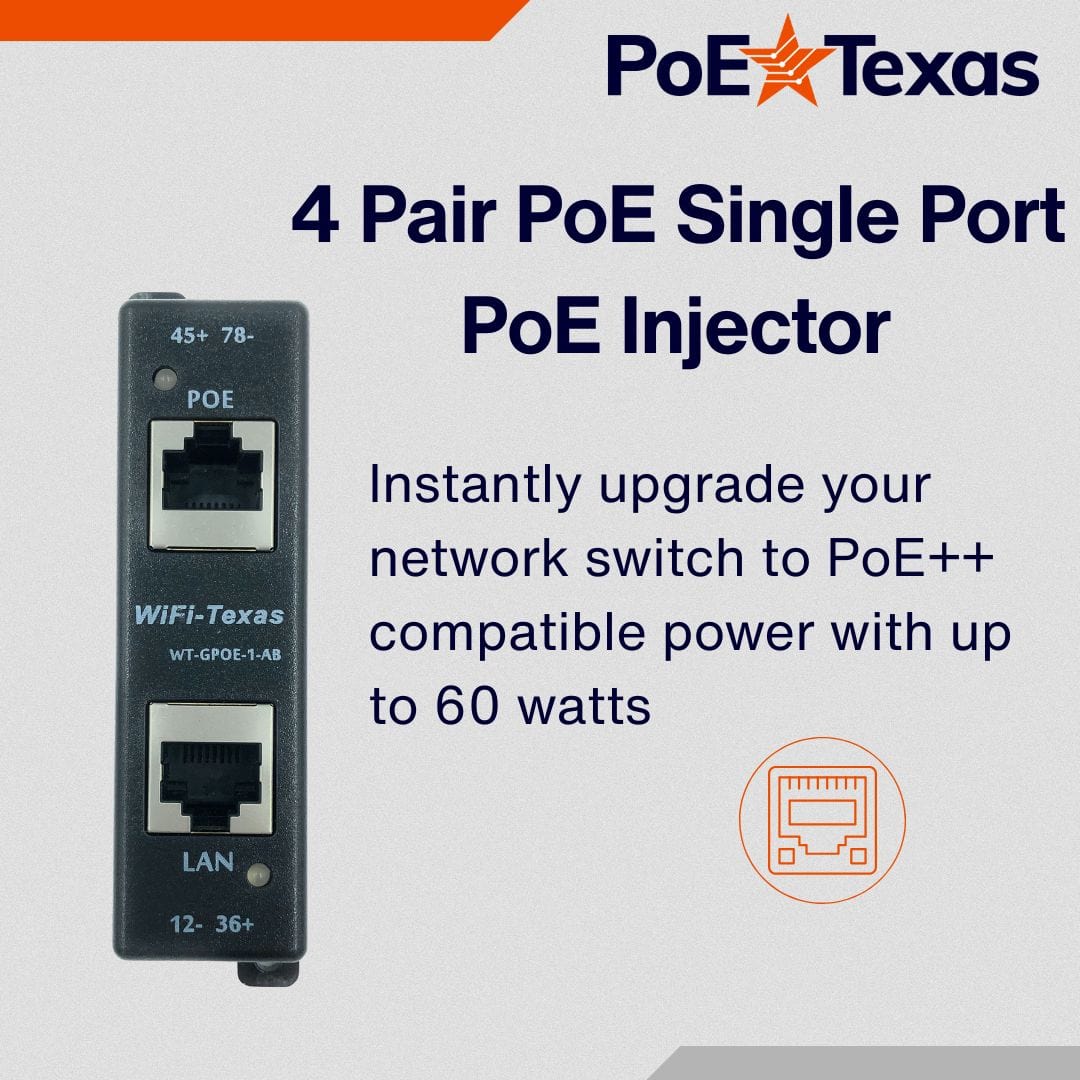 PoE Texas Injector Single Port Gigabit Mode A/B PoE Injector with 48V 60W Power Supply and 2.1mm Y-Cable