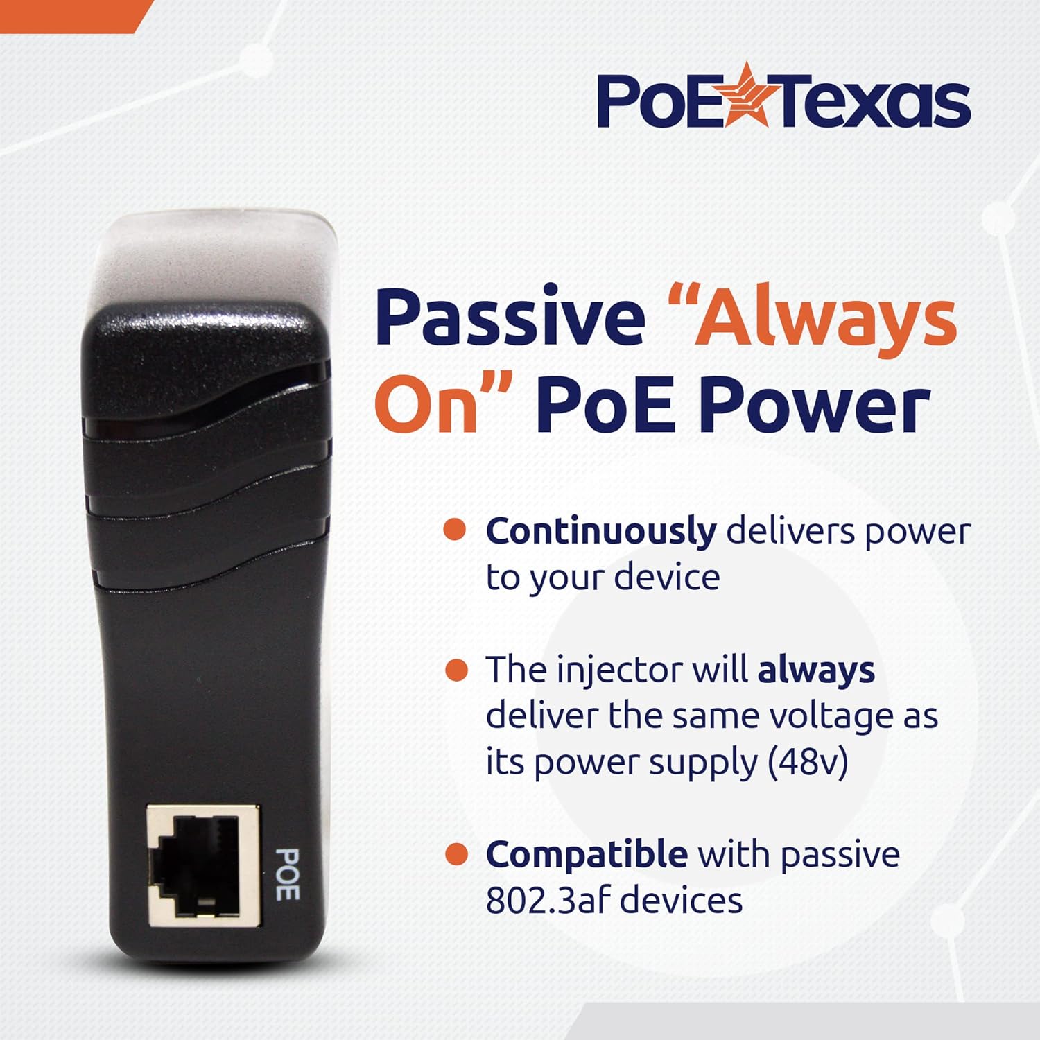 PoE Texas Injector Single Port Gigabit Mode A PoE Injector with Integrated 48 Volt 15 Watt Power Supply