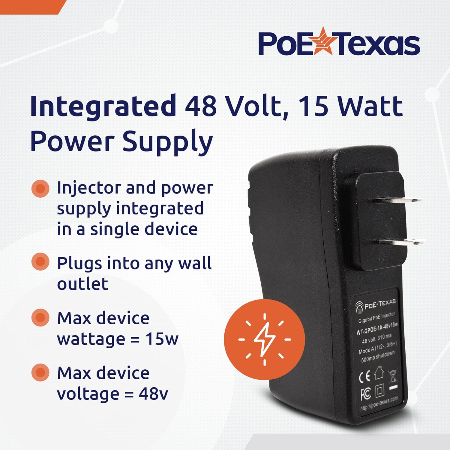 PoE Texas Injector Single Port Gigabit Mode A PoE Injector with Integrated 48 Volt 15 Watt Power Supply
