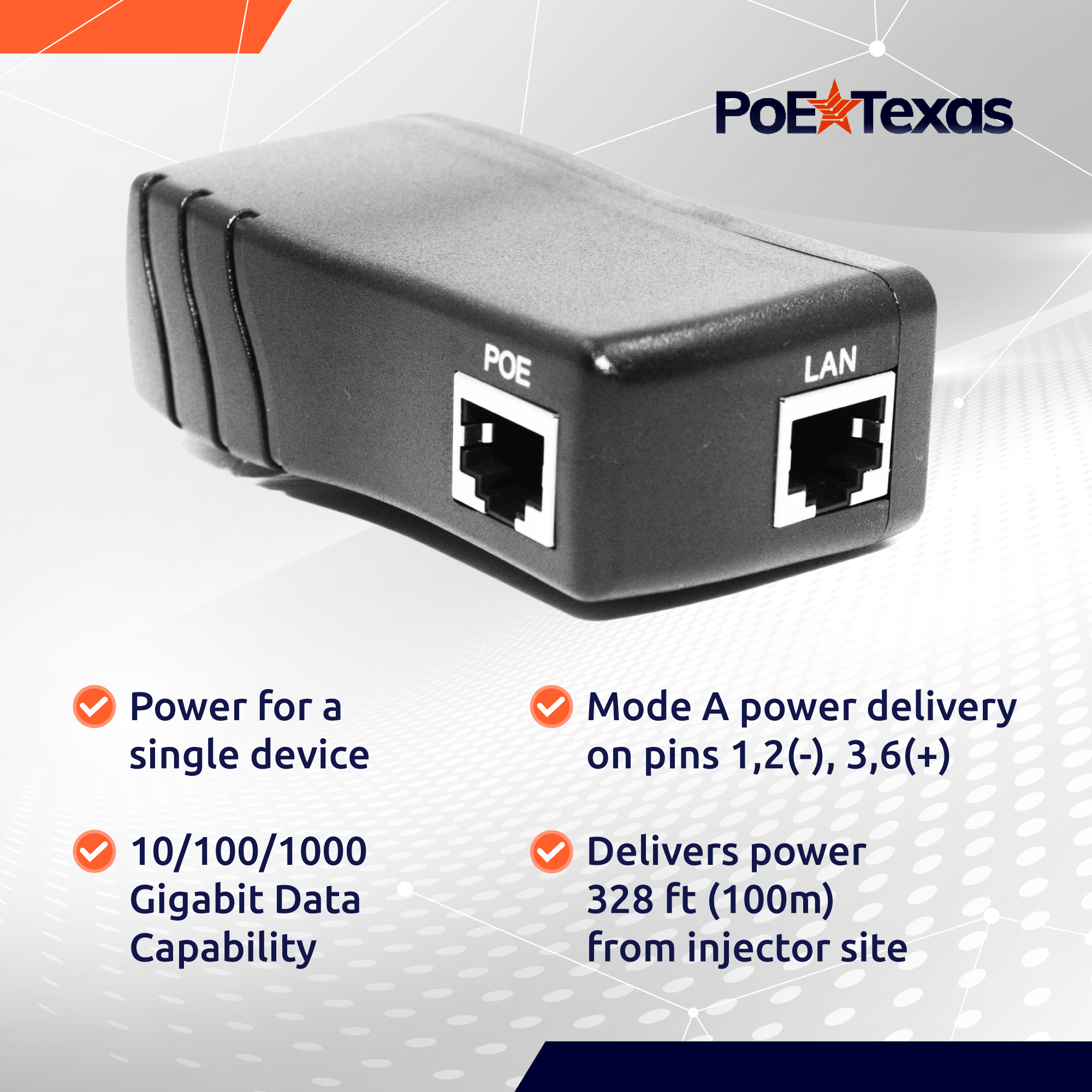 PoE Texas Injector Single Port Gigabit Mode A PoE Injector with Integrated 48 Volt 15 Watt Power Supply