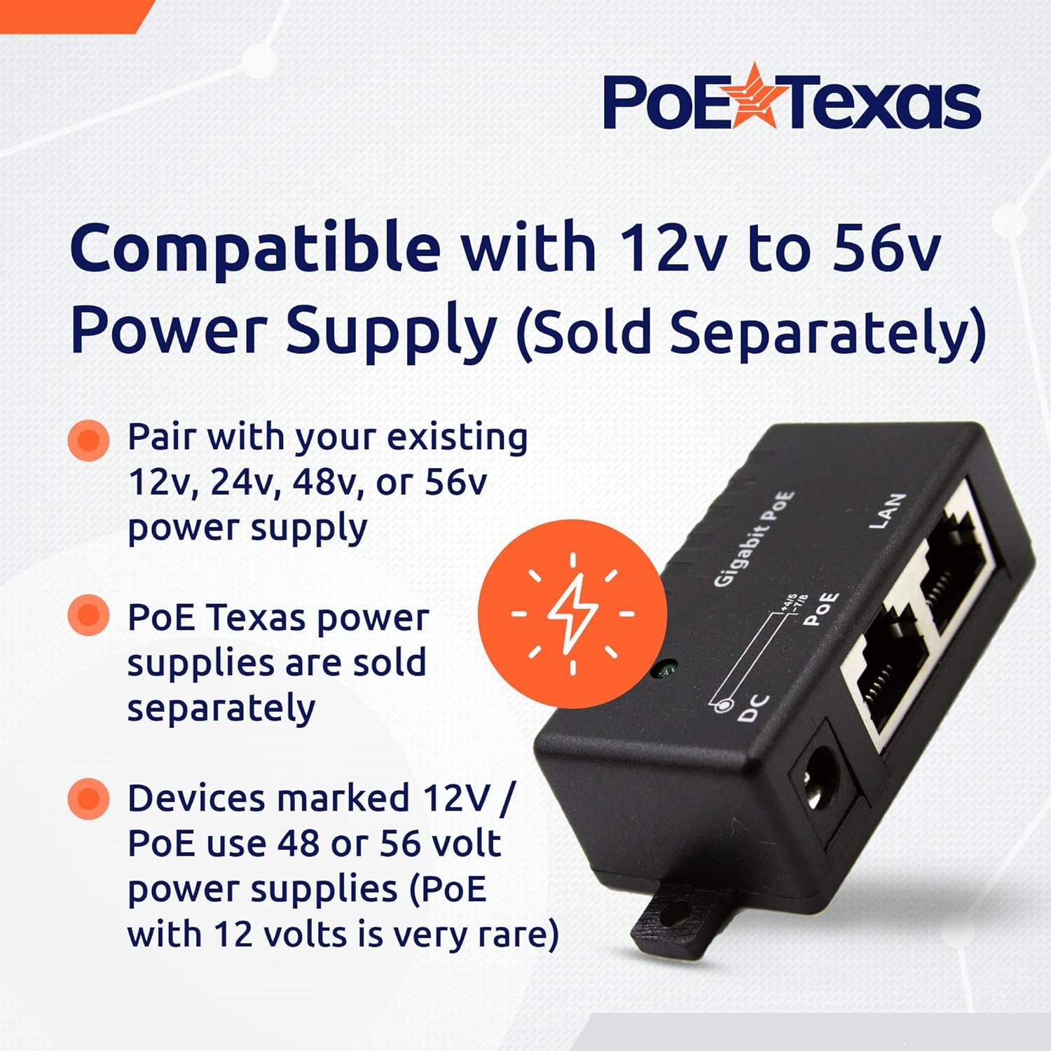 PoE Texas Injector Single Port Gigabit Mode B PoE Injector (Power Supply Not Included)