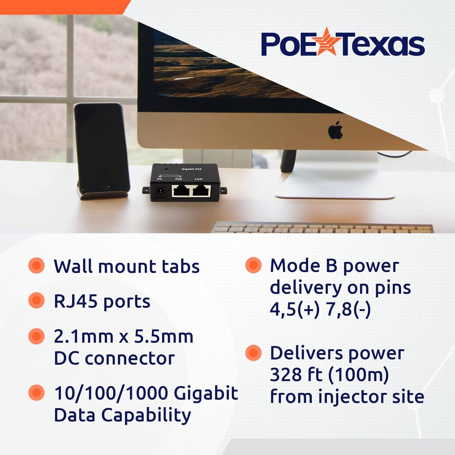 PoE Texas Injector Single Port Gigabit Mode B PoE Injector (Power Supply Not Included)