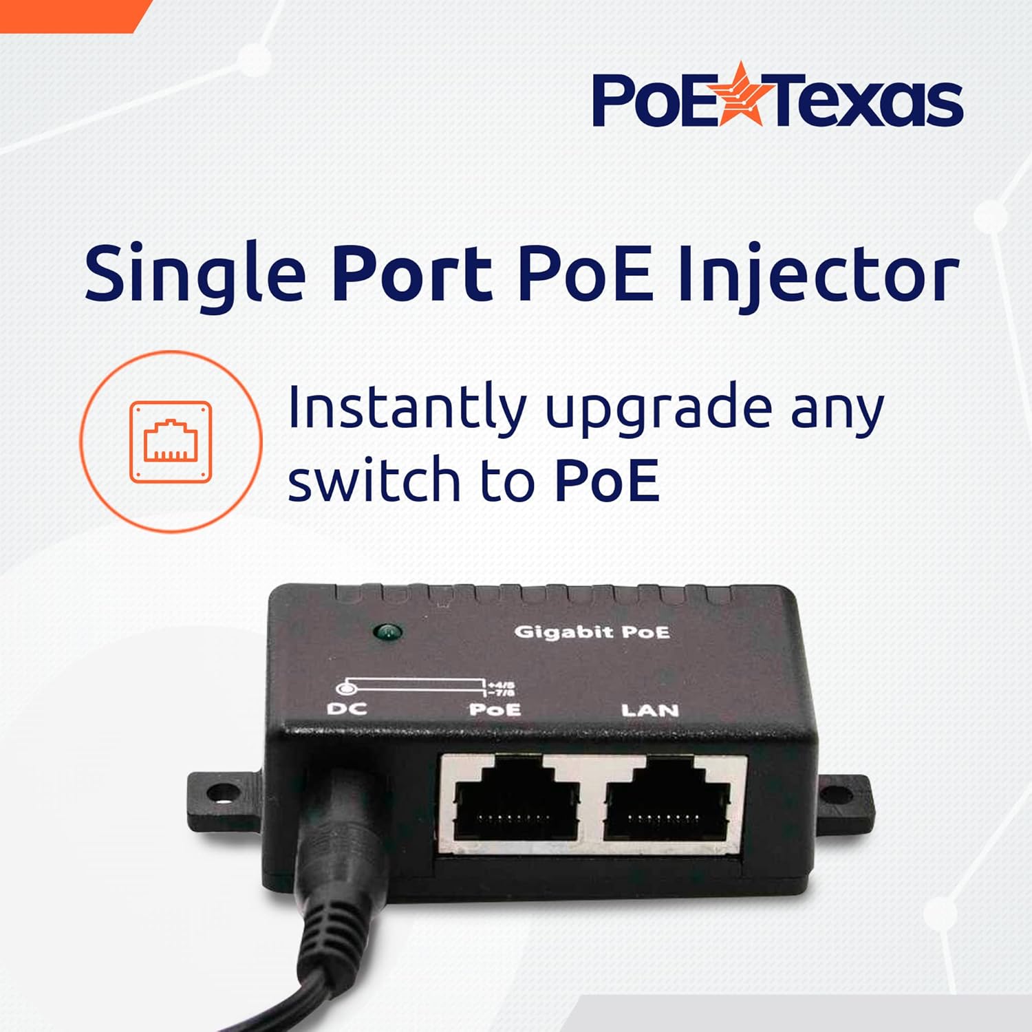 PoE Texas Injector Single Port Gigabit Mode B PoE Injector with 48 Volt 15 Watt Output