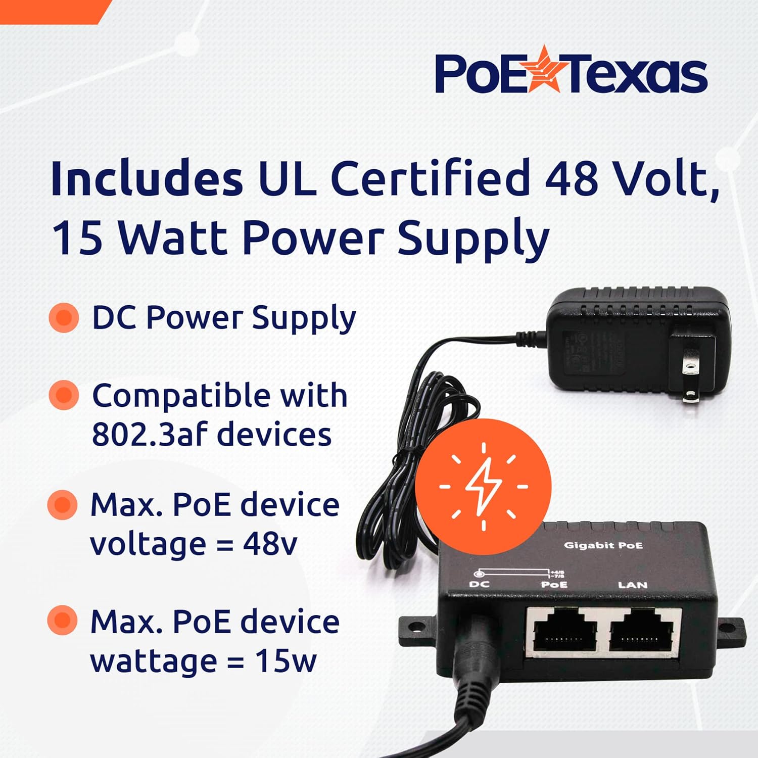 PoE Texas Injector Single Port Gigabit Mode B PoE Injector with 48 Volt 15 Watt Output