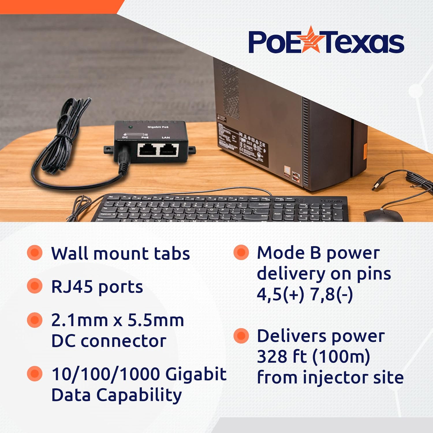 PoE Texas Injector Single Port Gigabit Mode B PoE Injector with 48 Volt 15 Watt Output