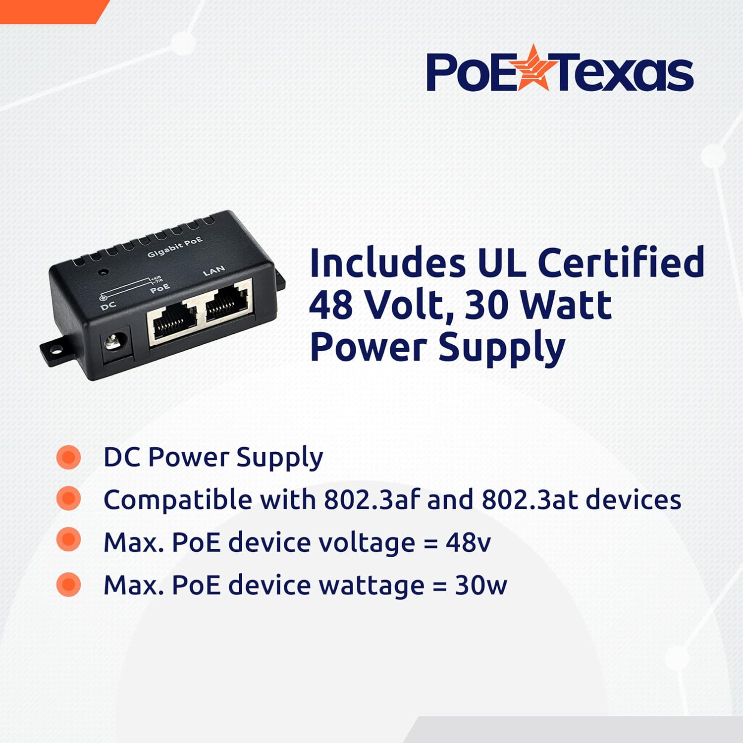PoE Texas Injector Single Port Gigabit Mode B PoE Injector with 48 Volt 30 Watt Output