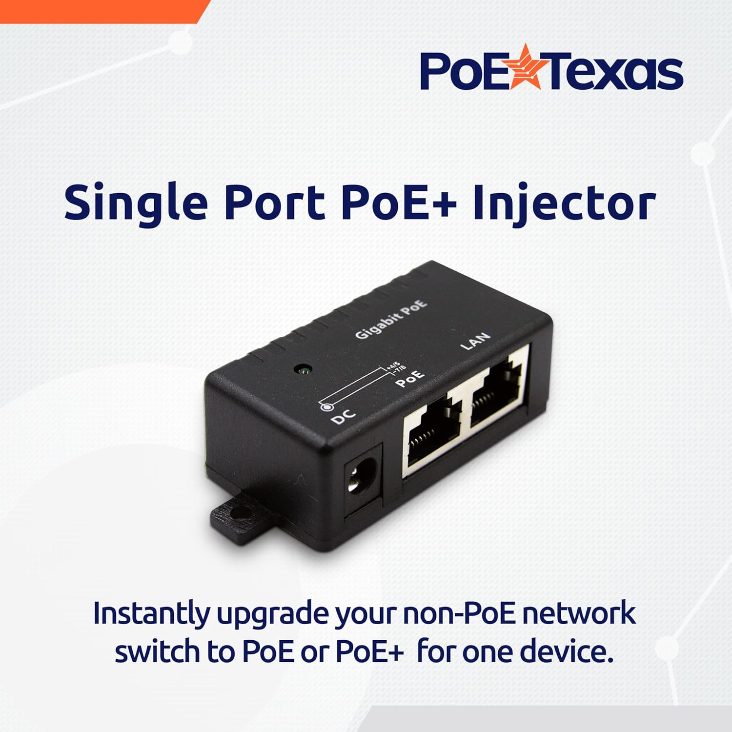 PoE Texas Injector Single Port Gigabit Mode B PoE Injector with 48 Volt 30 Watt Output