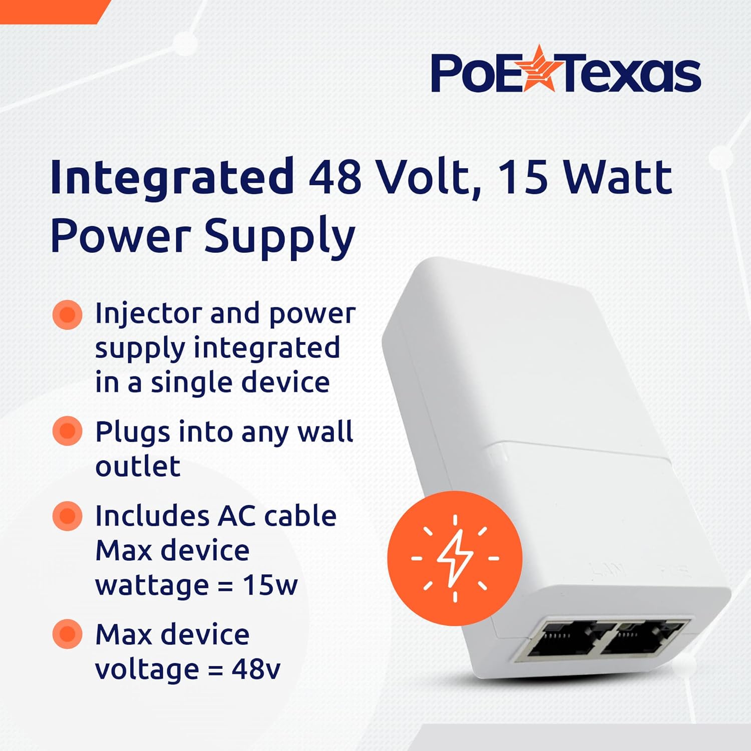 PoE Texas Injector Single Port Gigabit Mode B PoE Injector with Integrated 48 Volt 15 Watt Output