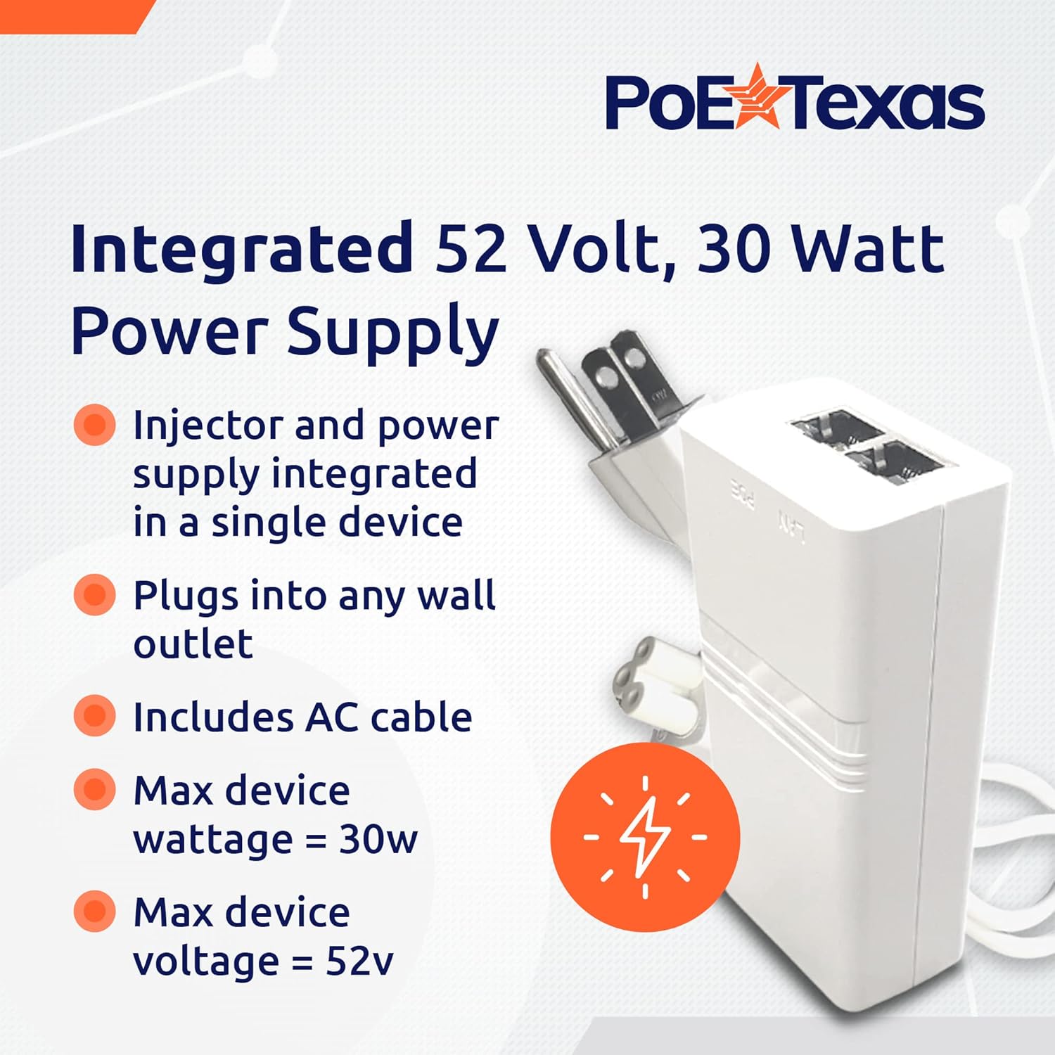 PoE Texas Injector Single Port Gigabit PoE+ Injector with Integrated 52 Volt 30 Watt Output