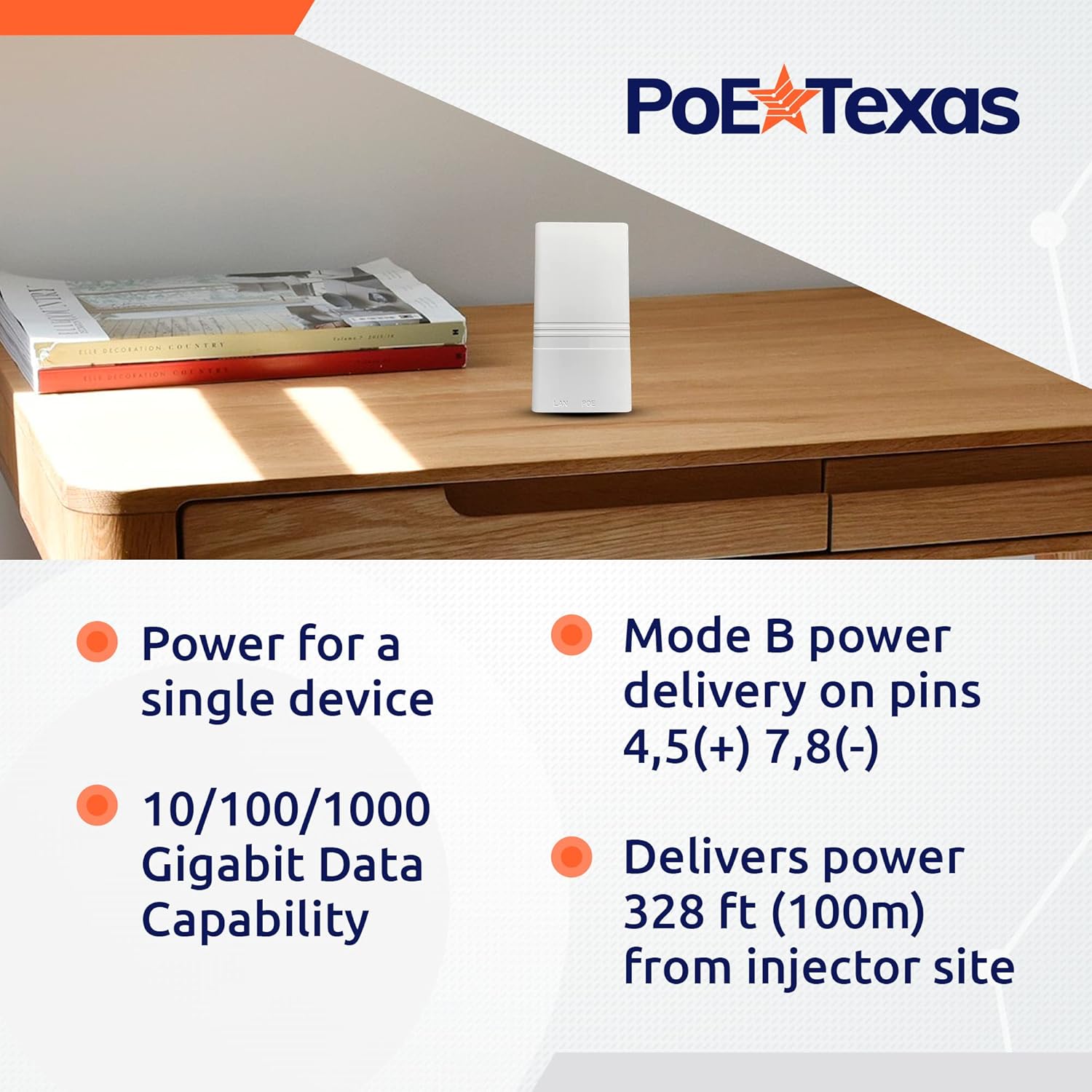 PoE Texas Injector Single Port Gigabit PoE+ Injector with Integrated 52 Volt 30 Watt Output