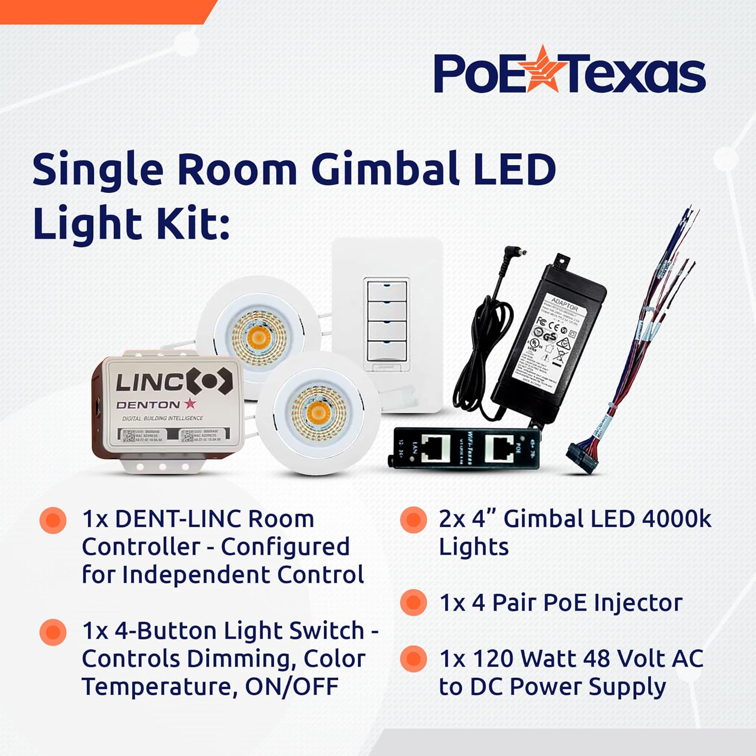 POE Texas Lighting Managed LED Lighting - Single Room Kit - DENT-LK-C2-B