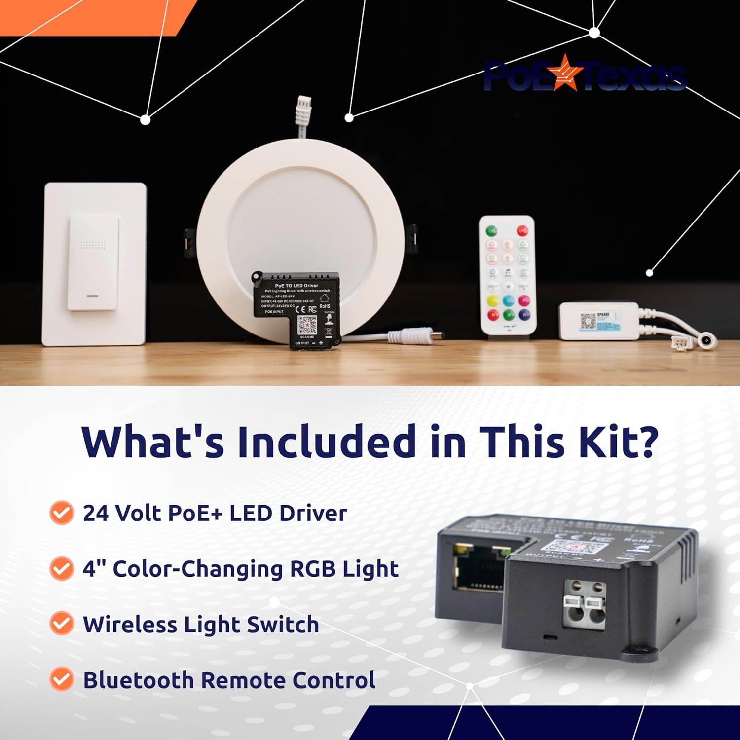 PoE Texas Lighting PoE Lighting Plug and Play Kit with 24V LED Driver, LED RGB Disc lights, and Wireless Light Switch: AT-LED-24V-RGBDISC