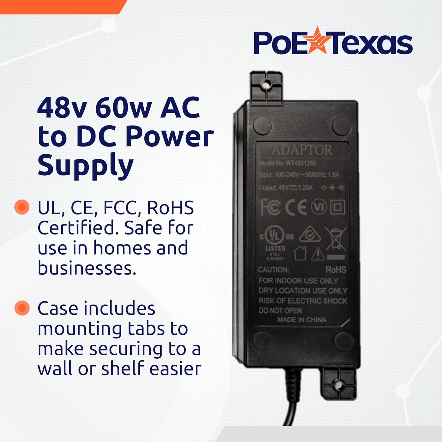 PoE Texas Power Supplies 48 Volt 60 Watt UL/FCC Certified DC Power Supply