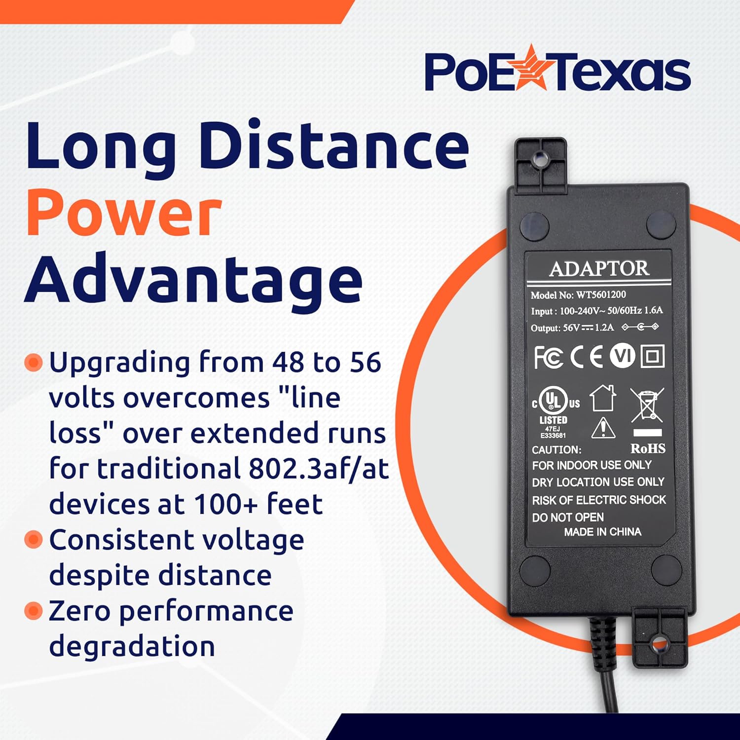 PoE Texas Power Supplies Power Supply 56 Volt 60 Watt - UL/FCC Certified