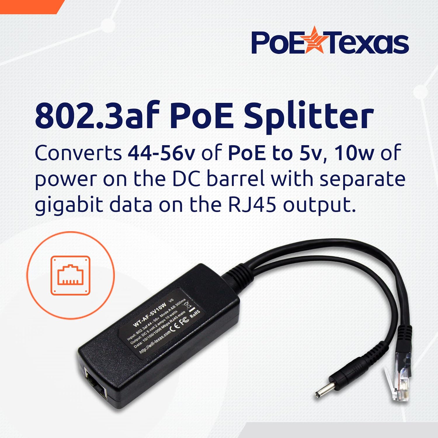 PoE Texas Splitter 5 Volt DC Splitter/Adapter to Convert Gigabit PoE for Non-PoE Devices