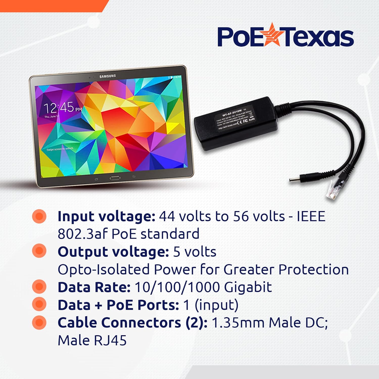 PoE Texas Splitter 5 Volt DC Splitter/Adapter to Convert Gigabit PoE for Non-PoE Devices
