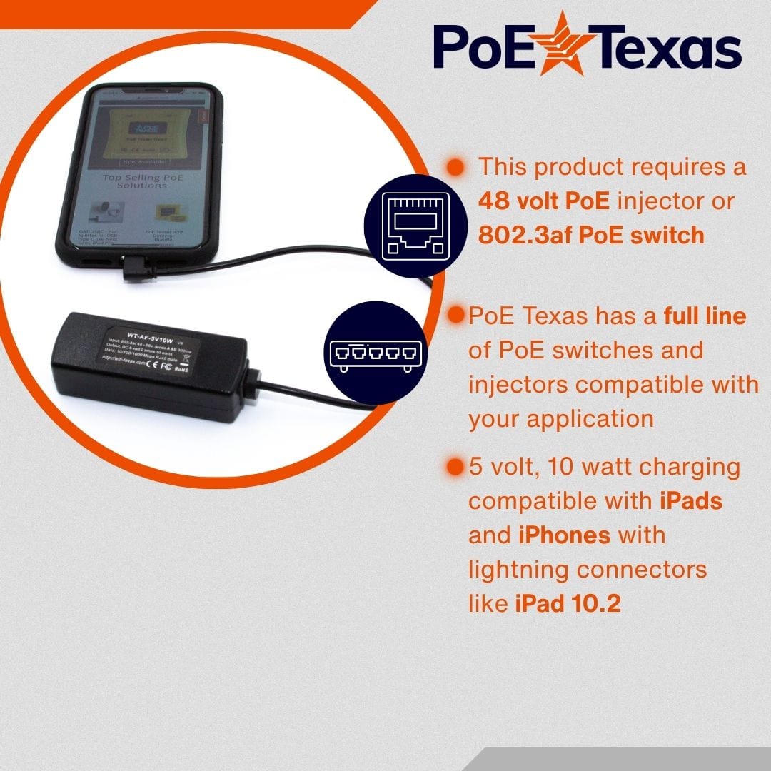 PoE Texas Splitter 802.3af PoE to 5 Volt Splitter for Lightning Devices (Power Only)