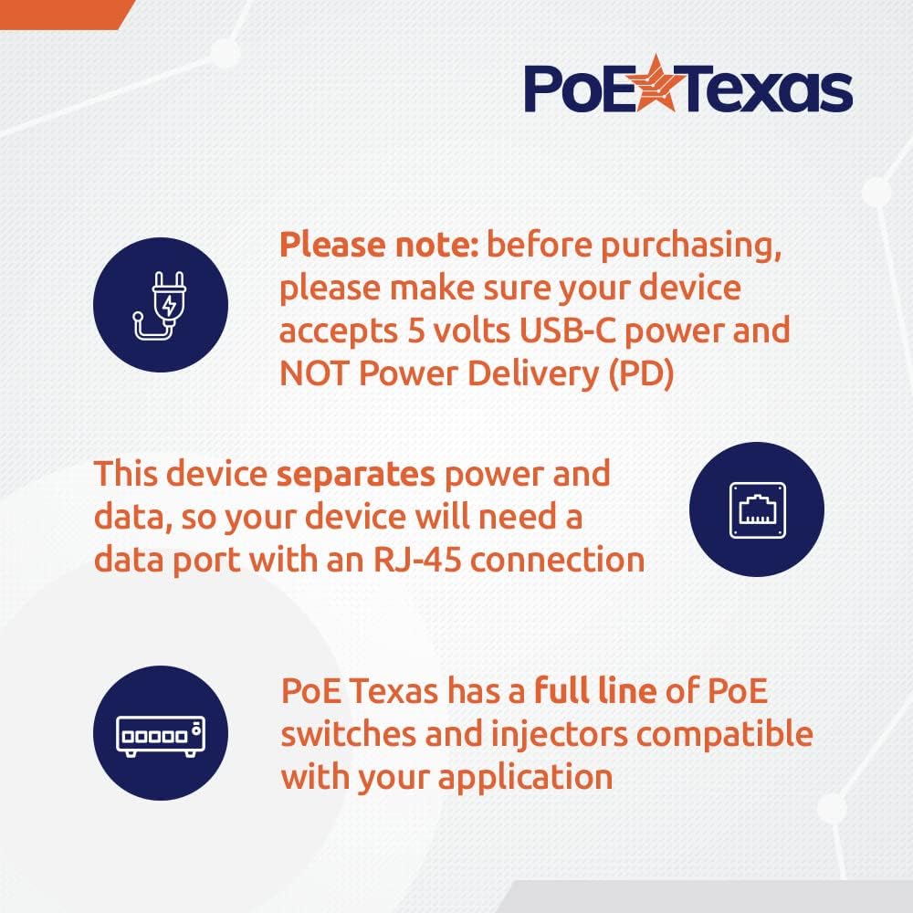 PoE Texas Splitter 802.3af PoE to 5V Splitter for USB-C Devices