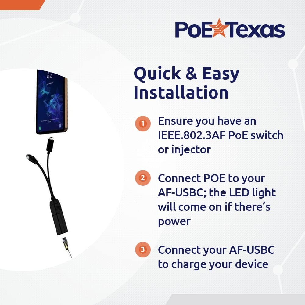 PoE Texas Splitter 802.3af PoE to 5V Splitter for USB-C Devices