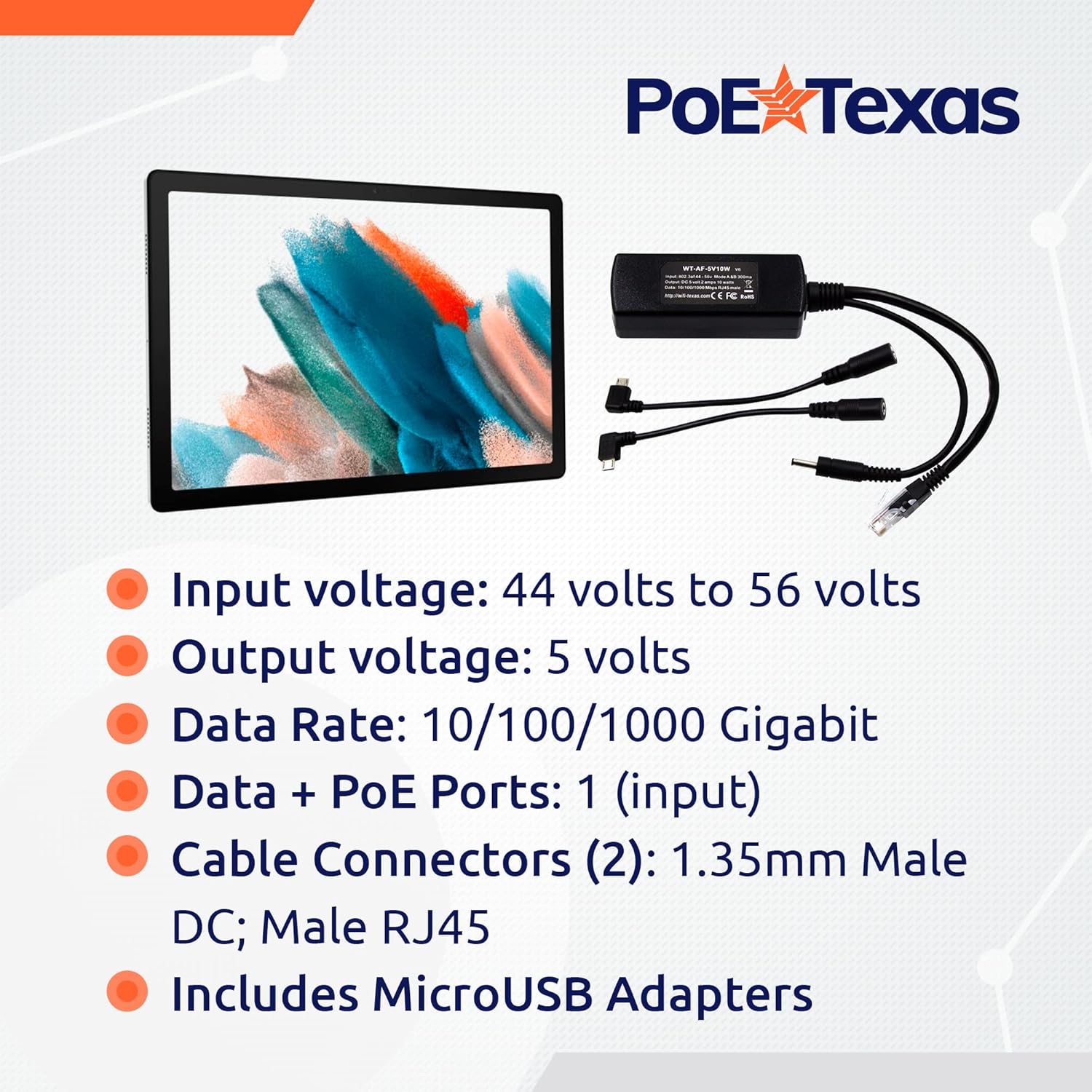 PoE Texas Splitter 802.3af PoE to microUSB Splitter with Gigabit Data on RJ45 Output