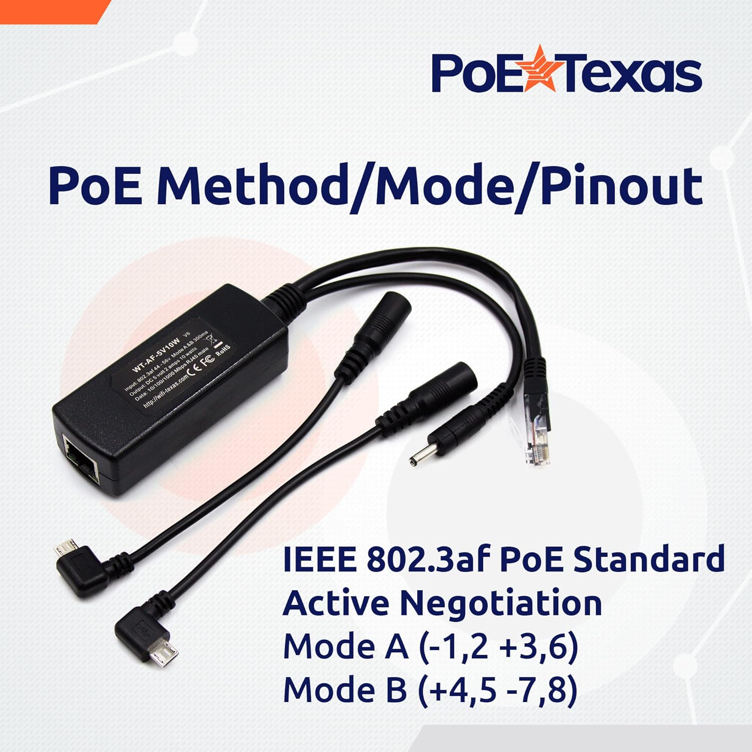 PoE Texas Splitter 802.3af PoE to microUSB Splitter with Gigabit Data on RJ45 Output