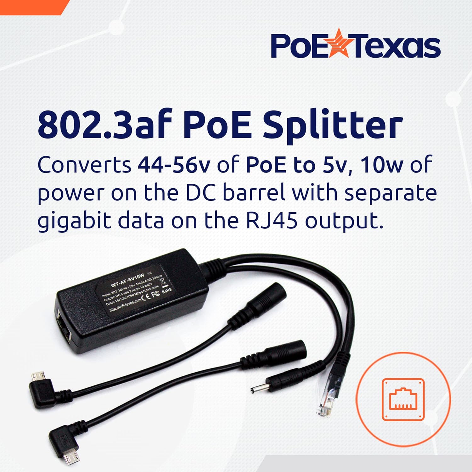 PoE Texas Splitter 802.3af PoE to microUSB Splitter with Gigabit Data on RJ45 Output