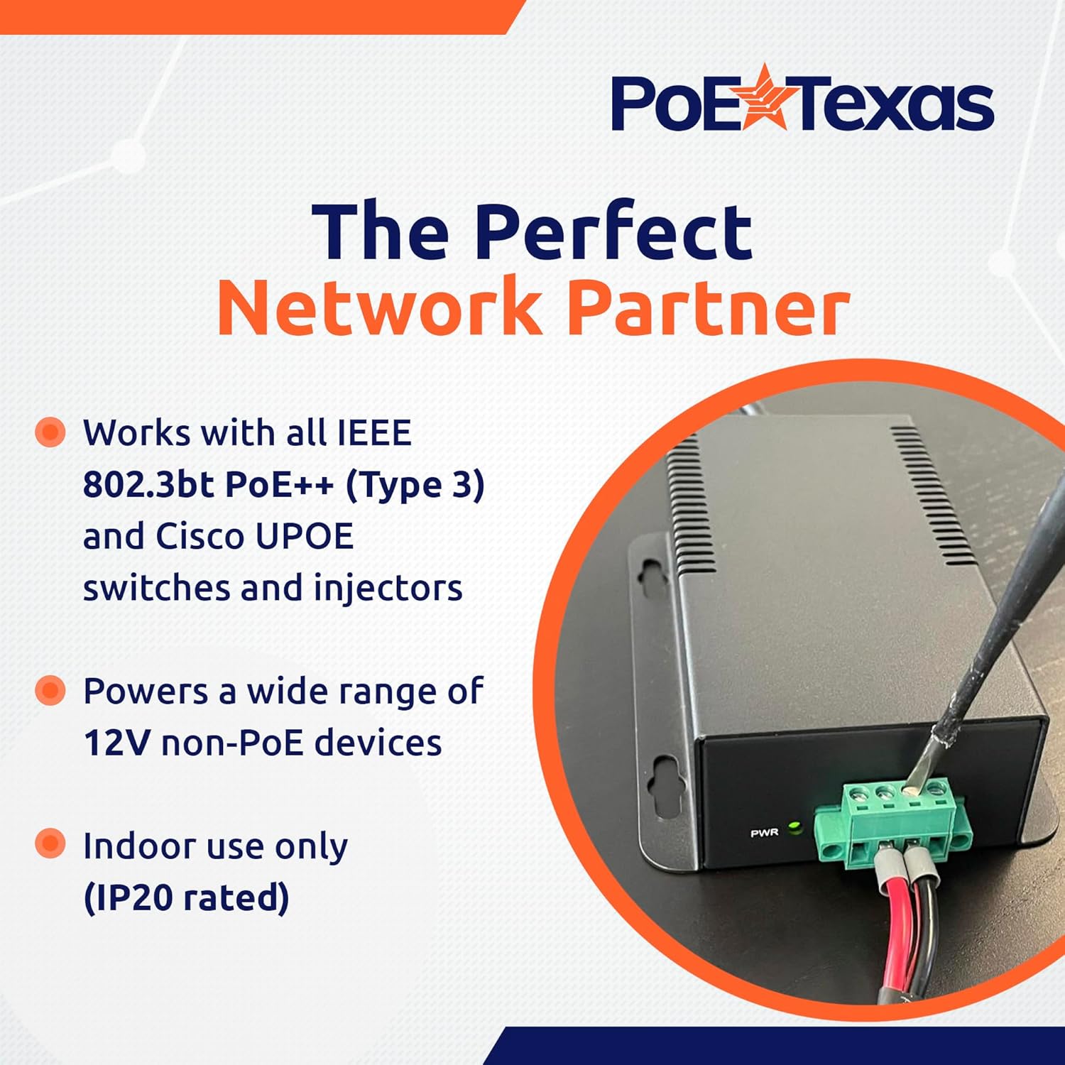 PoE Texas Splitter 802.3bt PoE++ to 12V Splitter with 60W Output